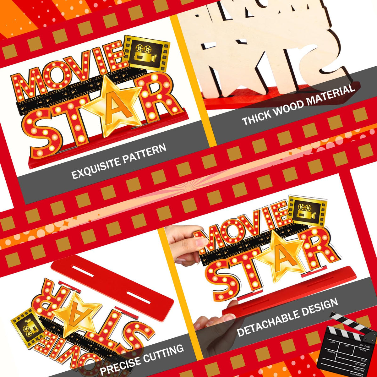 6 Pcs Movie Night Party Decorations Movie Wooden Table Centerpiece Ticket Star Video Popcorn Table Sign Tabletop Decor for Birthday Party Home Decoration