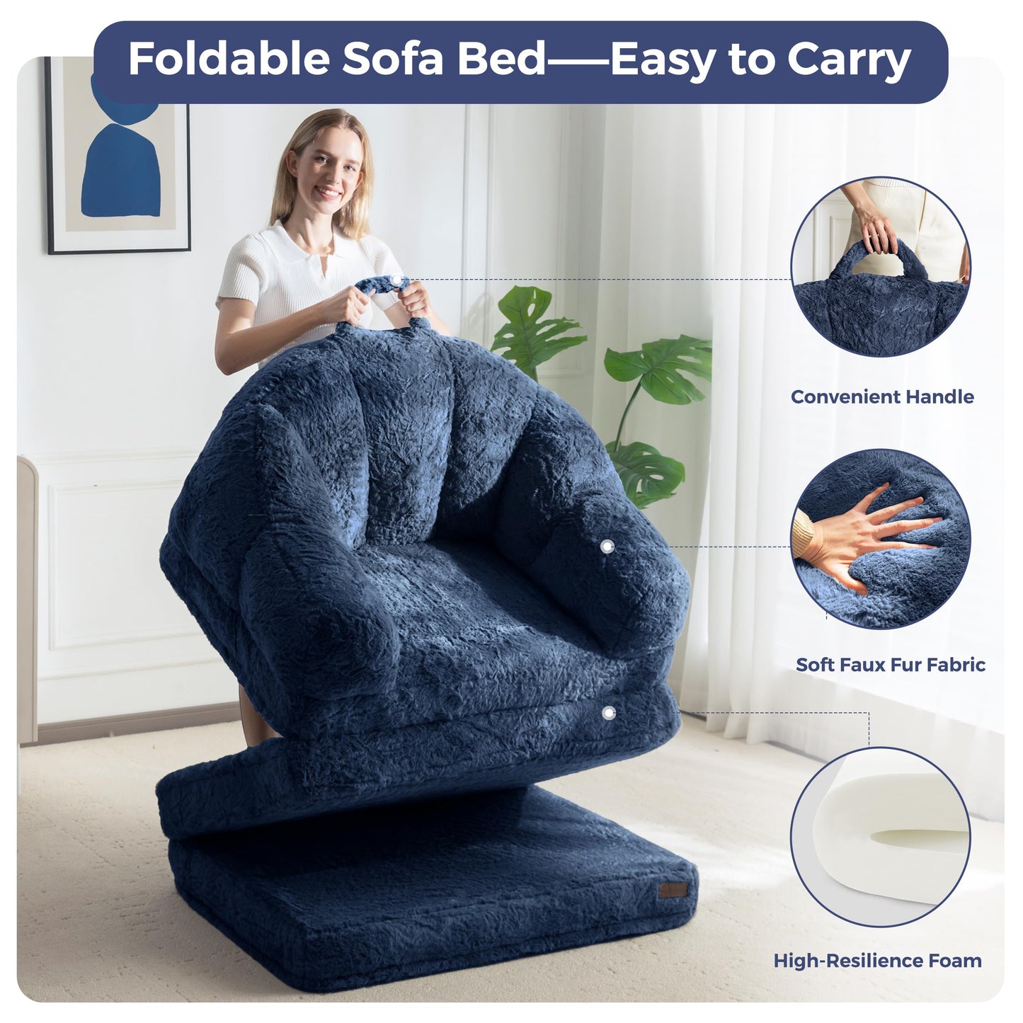 MAXYOYO Folding Sofa Bed, 2 in 1 Convertible Sofa to Lounger Comfy Single Bean Bag Chair for Adults, Floor Couch with Handle, Faux Fur Couch Bed for Living Room Bedroom, Navy