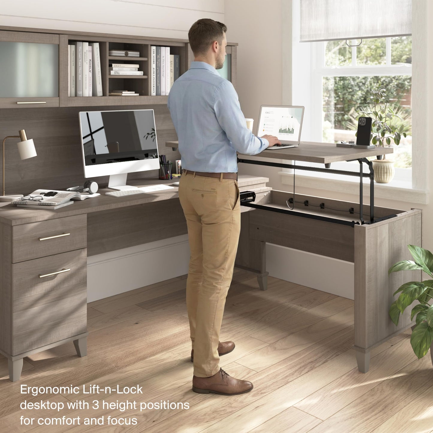Bush Home 72-Inch Office Desk with Drawers and Hutch, Computer Desk with File and Box Drawers, Shelves and Storage Cabinet, Home Office Workstation, Somerset Collection, Ash Gray