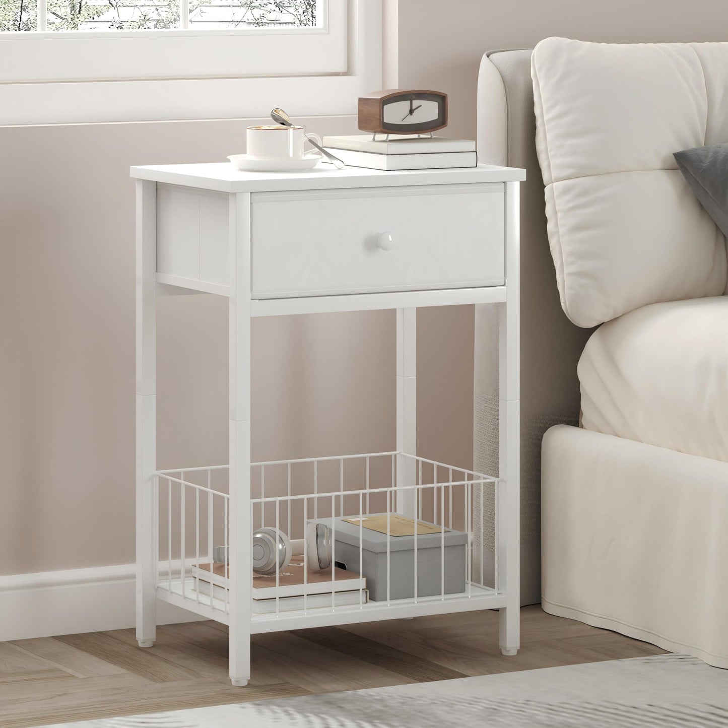 VAFEKOL White Small nightstand, White Nightstand, Side Table for Small Spaces, 2 Tiers Storage Shelves End Table, Night Stand for Living Room, Bedroom, Dorm LNT0061W