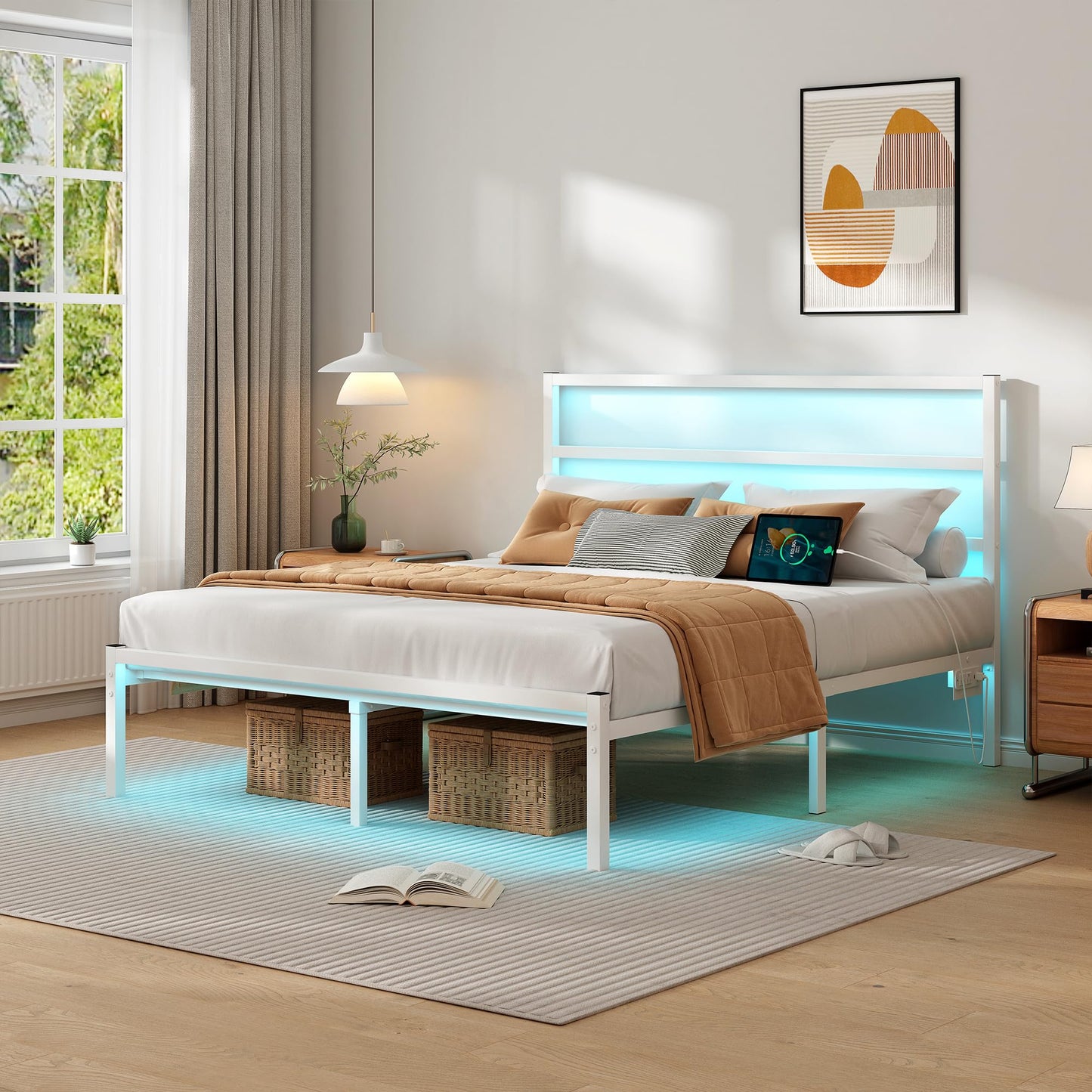 CLIBFENG Queen Size Bed Frame with Headboard,Heavy Duty Steel Slats Support-LED Bed Frame with USB Charging Station,Mattress Foundation-Under Bed Storage,No Box Spring Needed,Noise Free,White