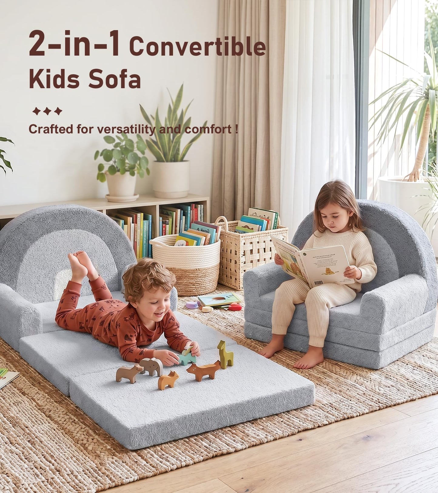 little dove Extra Wide Soft Kids Couch Fold Out, 2-in-1 Kids Couch, Convertible Kid Sofa, Kid Furniture for Playroom, Ideal Gifts for Boys & Girls Ages 3+, Gray