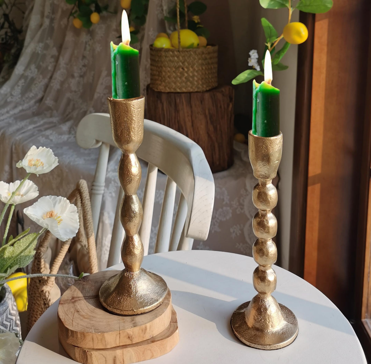 Antique Iron Taper Candle Holders - Set of 2 Decorative Candlesticks, Brass Finish Candle Stand for Weddings, Dining, and Parties