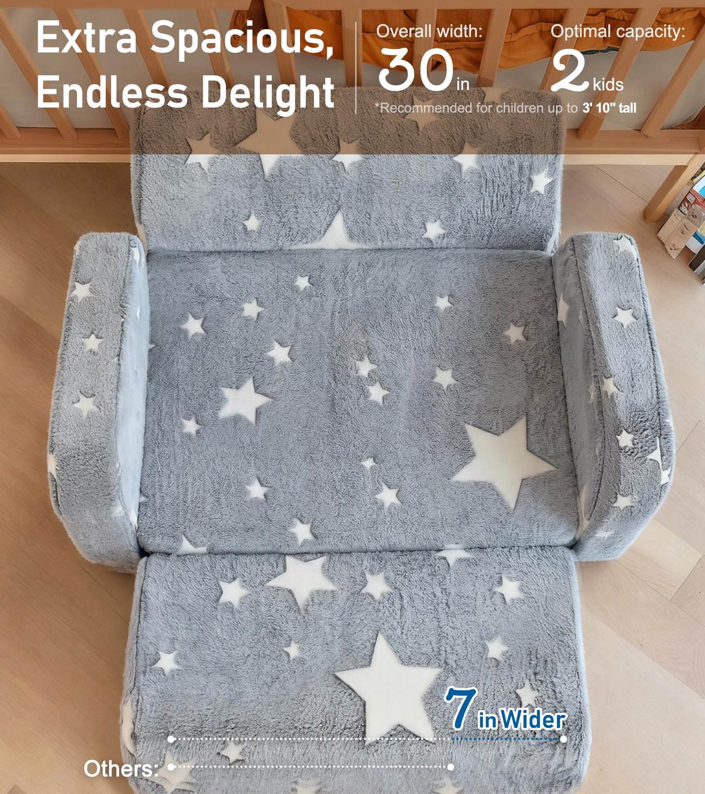 little dove 3-in-1 Extra Wide Convertible Kids Couch, Flip Open Kid Sofa, Machine-Washable Kid Couch for Girls, Kids Sofa for Fun Playtime, Grey, Flannel