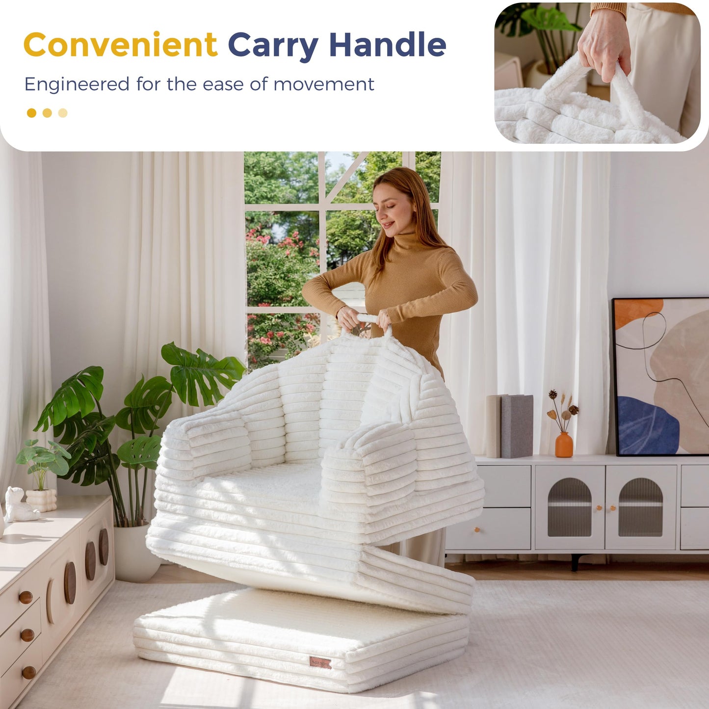MAXYOYO Folding Sofa Bed, 2 in 1 Convertible Sofa to Lounger Comfy Faux Fur Bean Bag Chair for Adults, Floor Single Couch Chair with Handle, Couch Bed for Living Room Bedroom, Beige