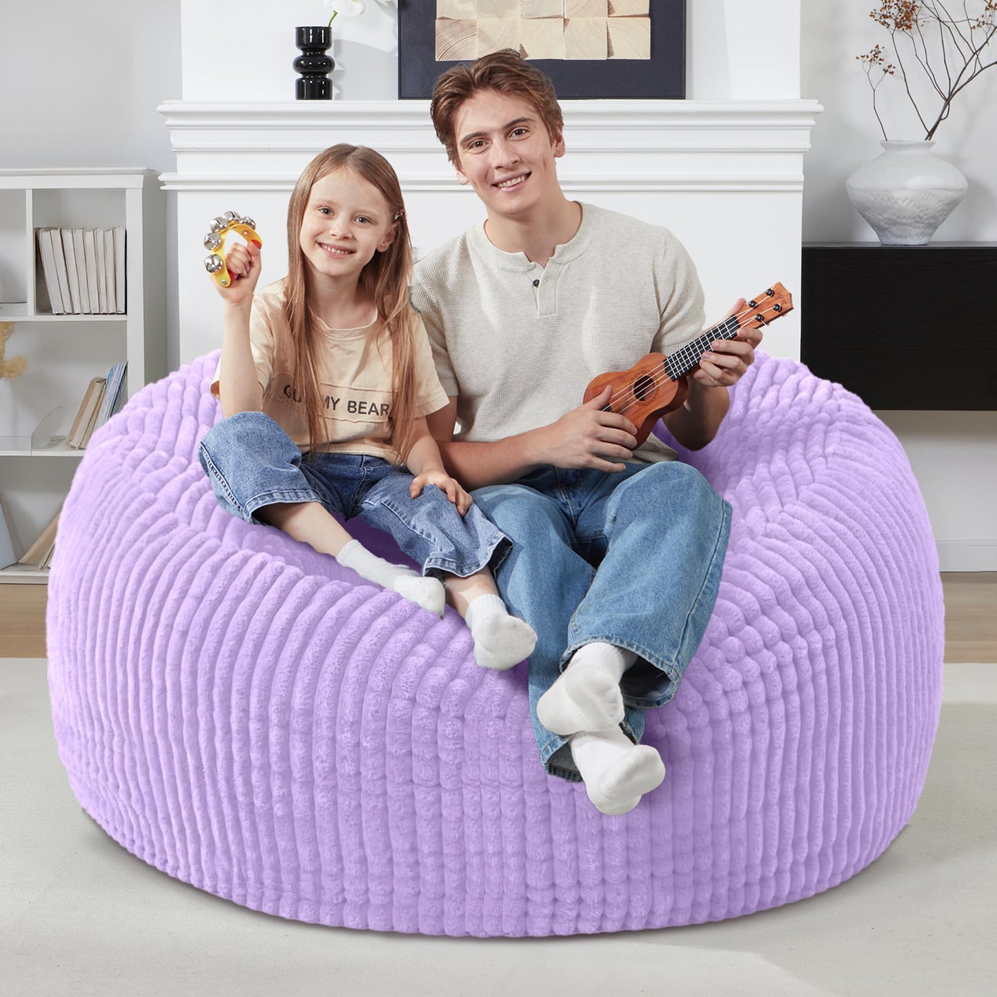 Homguava 3 FT Bean Bag Chair,3' Big Bean Bag,Large Bean Bag Chairs for Adults with Memory Foam Filled,Comfy Beanbag Chairs Soft Bean Bag Sofa with Dutch Corded Plush Cover-Purple