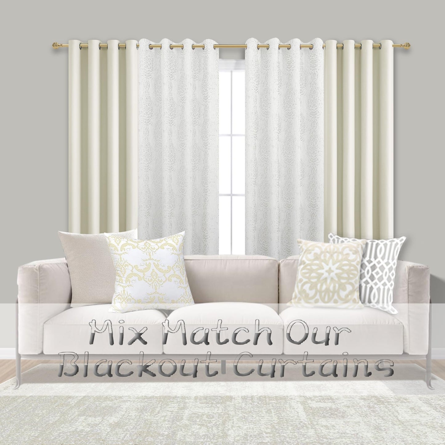 Mrs.Naturall Greige Curtains for Bedroom 45 Inch Length, Off White 50% Blackout Black Out Grommet Boho Damask Window Treatments Curtain Drapes, Cream