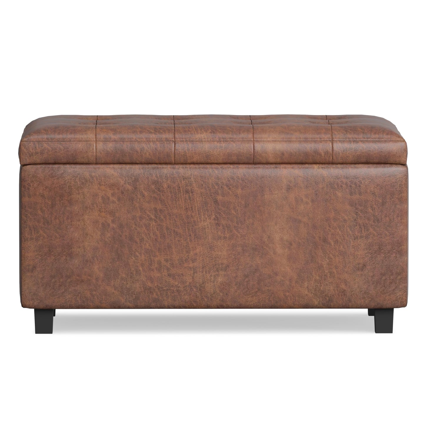 SIMPLIHOME Cosmopolitan Storage Ottoman - 34 inch Wide Upholstered Vegan Leather Rectangle Storage Ottoman Bench in Distressed Saddle Brown, Transitional Tufted Ottoman for Entryway with Lift-Up Lid