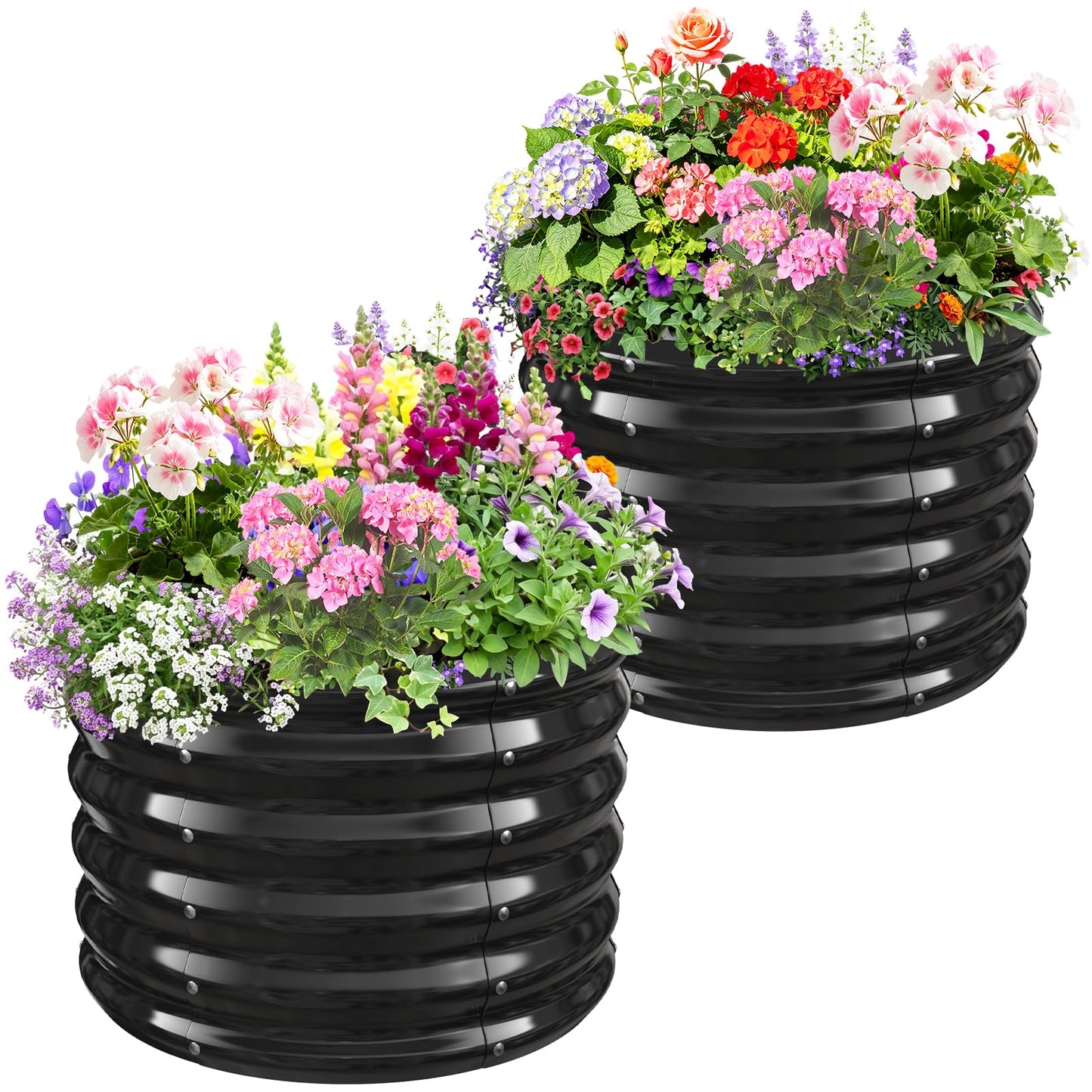 VAMFUTRE 24" Diameter Round Raised Garden Bed - 17 Inch Tall, Heavy-Duty Galvanized Steel Planter Box with Wave-Shaped Panels for Vegetables, Herbs & Flowers (2, Black, 24 Inch Diameter)