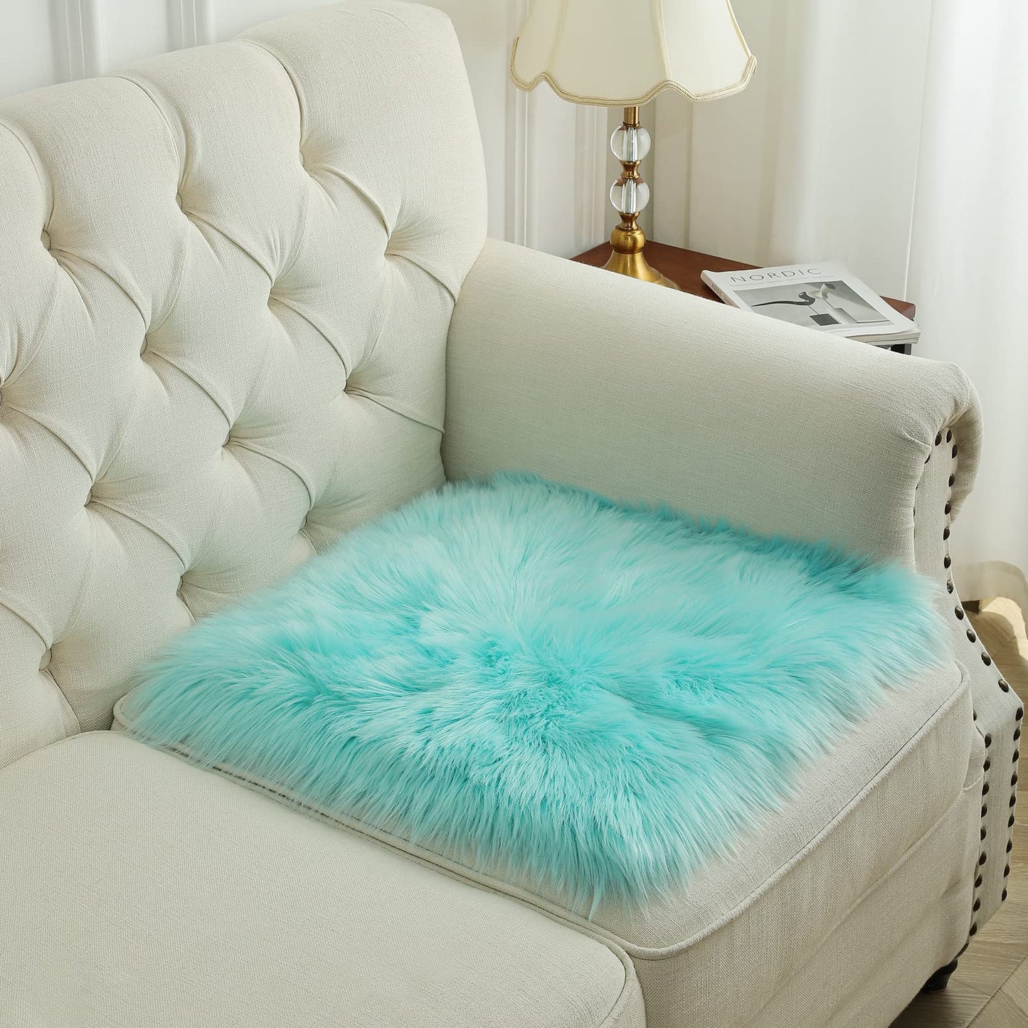 Softlife Blue Faux Fur Sheepskin Chair Cover Seat Cushion Pad Super Soft Area Rugs for Living Bedroom Sofa Dorm (1.6ft x 1.6ft, Light Blue)
