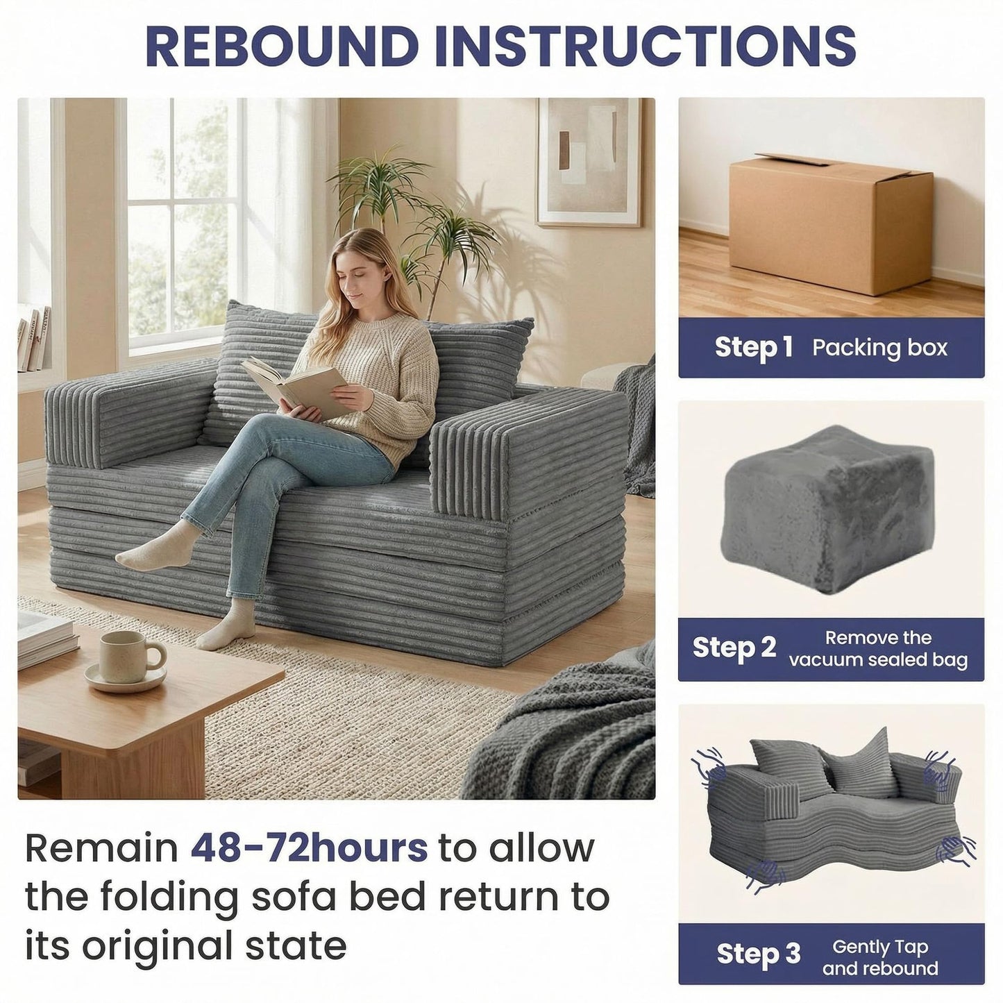 Winzoo Convertible Sofa Bed, 4-in-1 Boneless Loveseat with Removable Armrests Backrest, Corduroy Futon Couch Bed with Pillow, Foldable Mattress Sleeper Sofa for Living Room Bedroom Small Place (Grey)