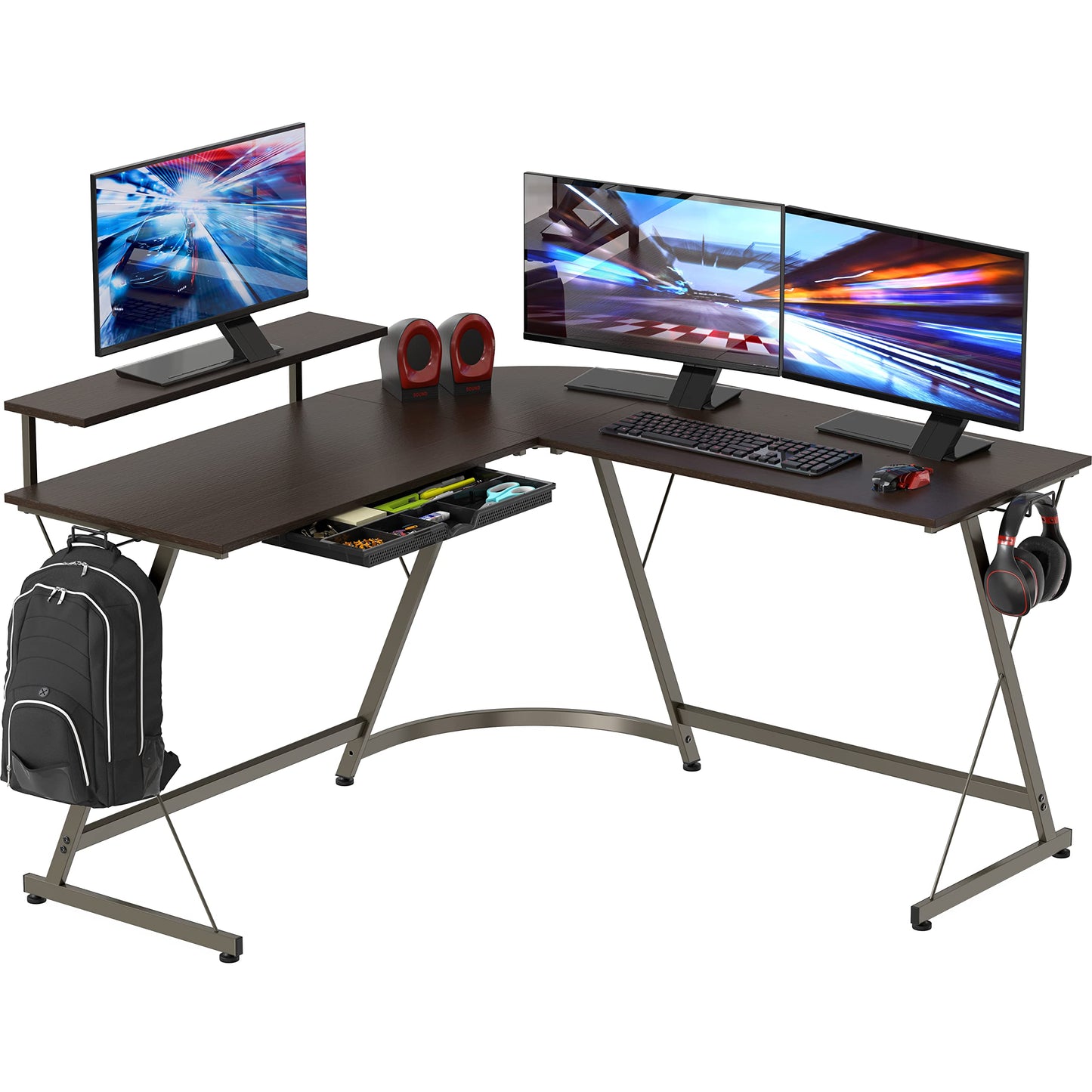 SHW 51 x 51 Inches Vista L-Shaped Desk with Monitor Stand and Drawer, Espresso
