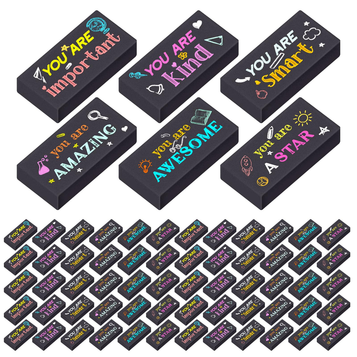 Resurhang 180 Pcs Erasers Bulk for Kids Inspirational Pencil Erasers Bulk for Drawing Motivational Big Eraser School Supplies for Classrooms Back to School Office (Inspirational,Black)
