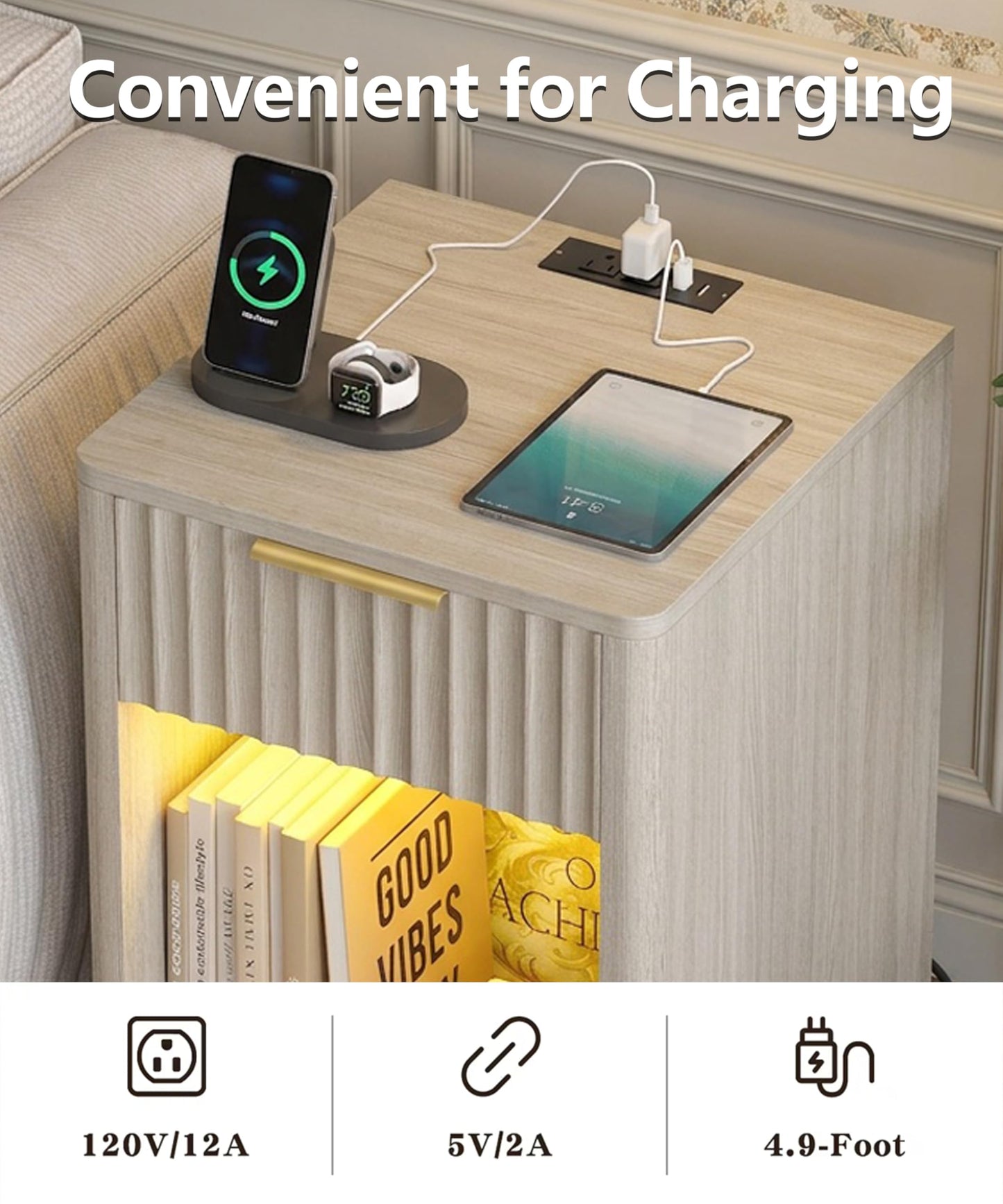 Akxomel Fluted Nightstands Set of 2, Wooden Night Stand with Charging Station and LED Light, Modern Mid Century Bed Side End Table with Drawer, 15" D x 15.7" W x 22.6" H, for Bedroom, White Alder