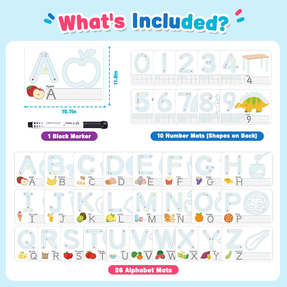 Crelloci Alphabet & Number Dough Learning Mats for Kids Ages 2+ – Double-Sided ABC, Counting & Shape Activity Cards, Reusable Write & Wipe Preschool Learning Set with Marker