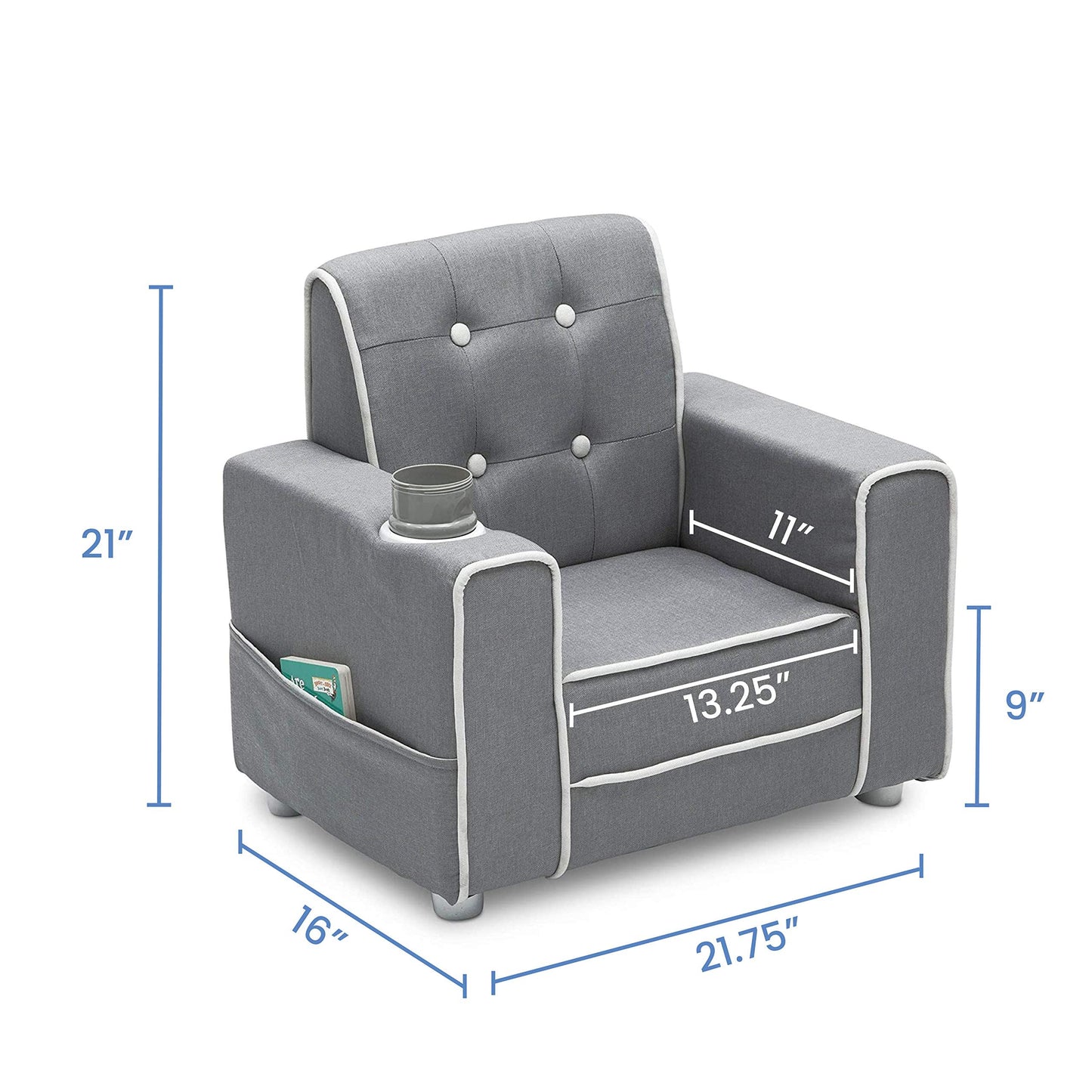 Delta Children Chelsea Kids Upholstered Chair with Cup Holder, Soft Grey
