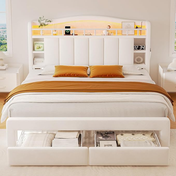 Full Size Bed Frame with LED Storage Headboard & 2 Storage Drawers, Velvet