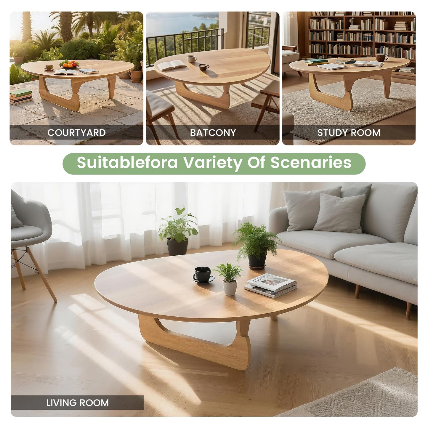 Modern Triangle Coffee Table: Unique Funky Soild Wood Coffee Tables for Living Room, Wooden Oval Mid-Century Modern Abstract Tea Tables for Patio Office Balcony Natural 43" L x 31" W x 16" H