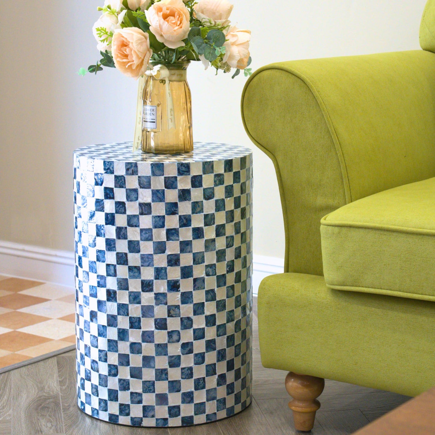 Chi An Home 19.3” Checkered Capiz Shells Drum End Table, Decorative Cylinder Side Table & Garden Stool, Round Pedestal Accent Table for Living Room, Bedroom, Indoor & Outdoor (Navy Blue)