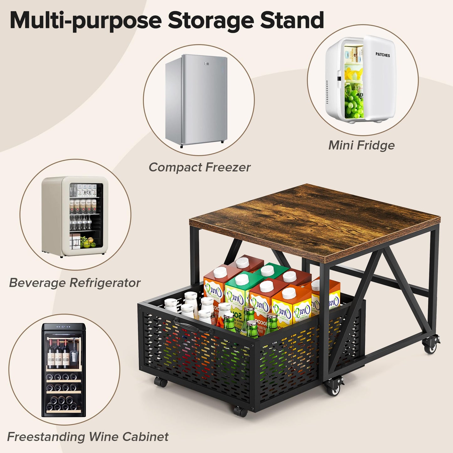 Urban Deco Mini Fridge Stand with Storage,Heavy Duty Fridge Cart with Drawer Basket,Mini Refrigerator Table for 220LBS,Mobile Fridge Stand with Swivel Wheels for Dorm,Home,Brown(Frame with Wheels)