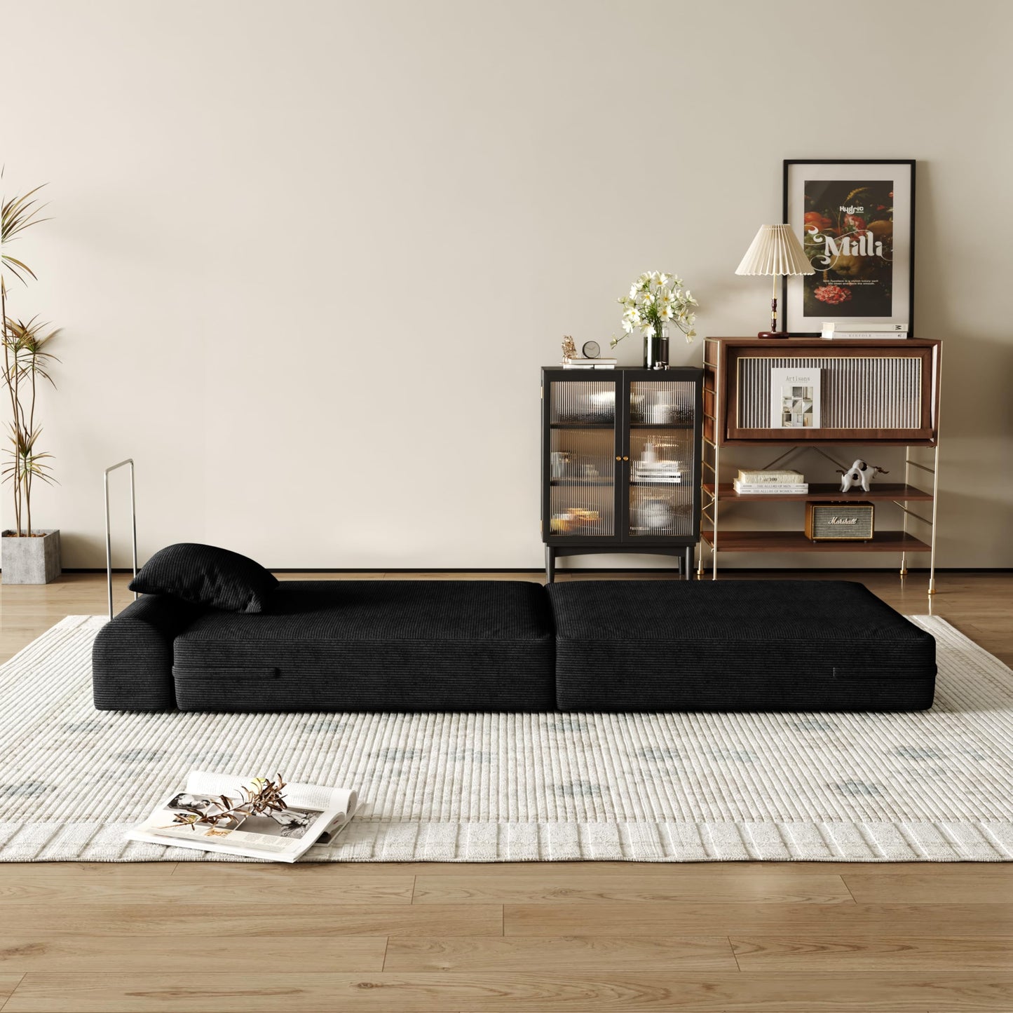 31.5'' Convertible Compressed Corduroy Folding Cloud Sofa Bed, Modern Boneless Pull Out Sleeper Sofa Couch in a Box, 3 in 1 Portable Lazy Floor Lounge Chair, No Assembly Needed, Black, Pillow, Single