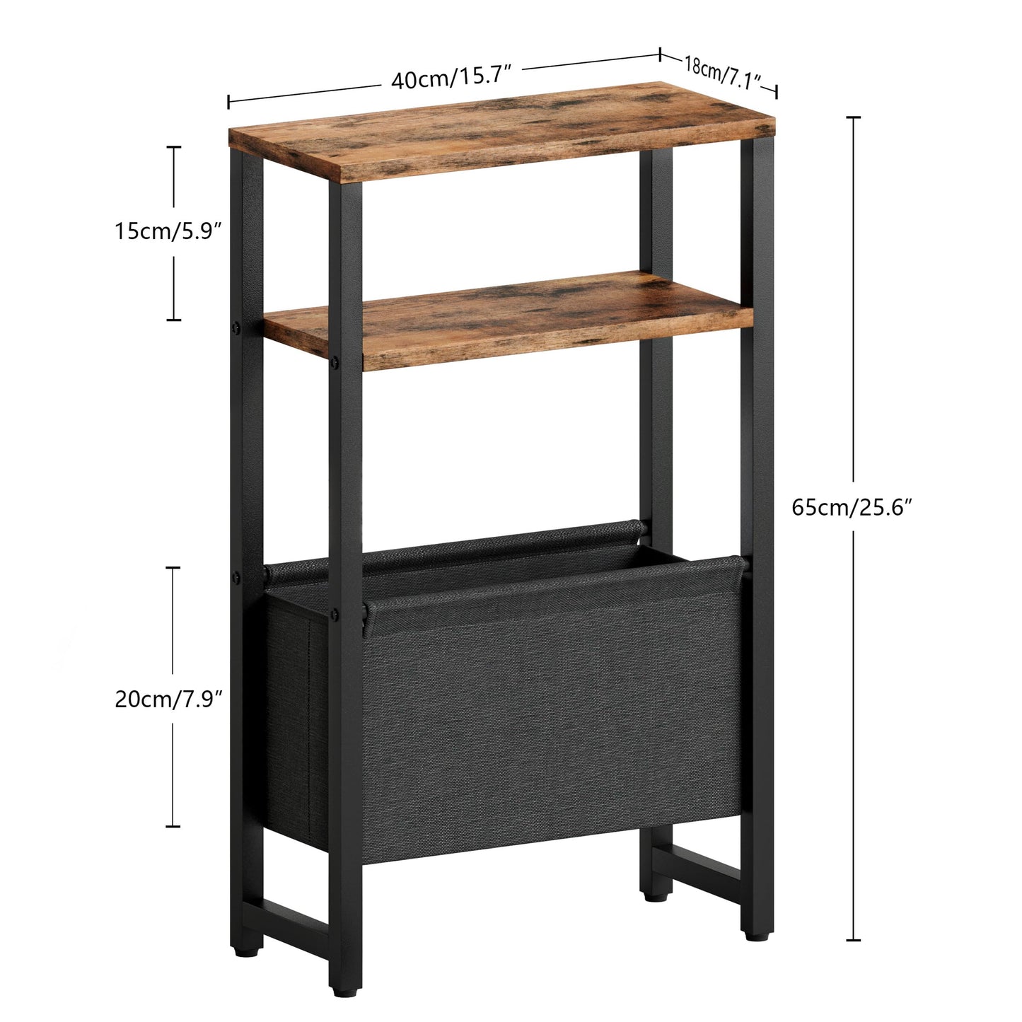 IRCPEN Narrow Side Table, Slim End Table with Magazine Rack, Skinny Bedside Table for Small Spaces, 3 Tier Sofa Couch Table Nightstand for Living Room, Bedroom, Rustic Brown LET503R
