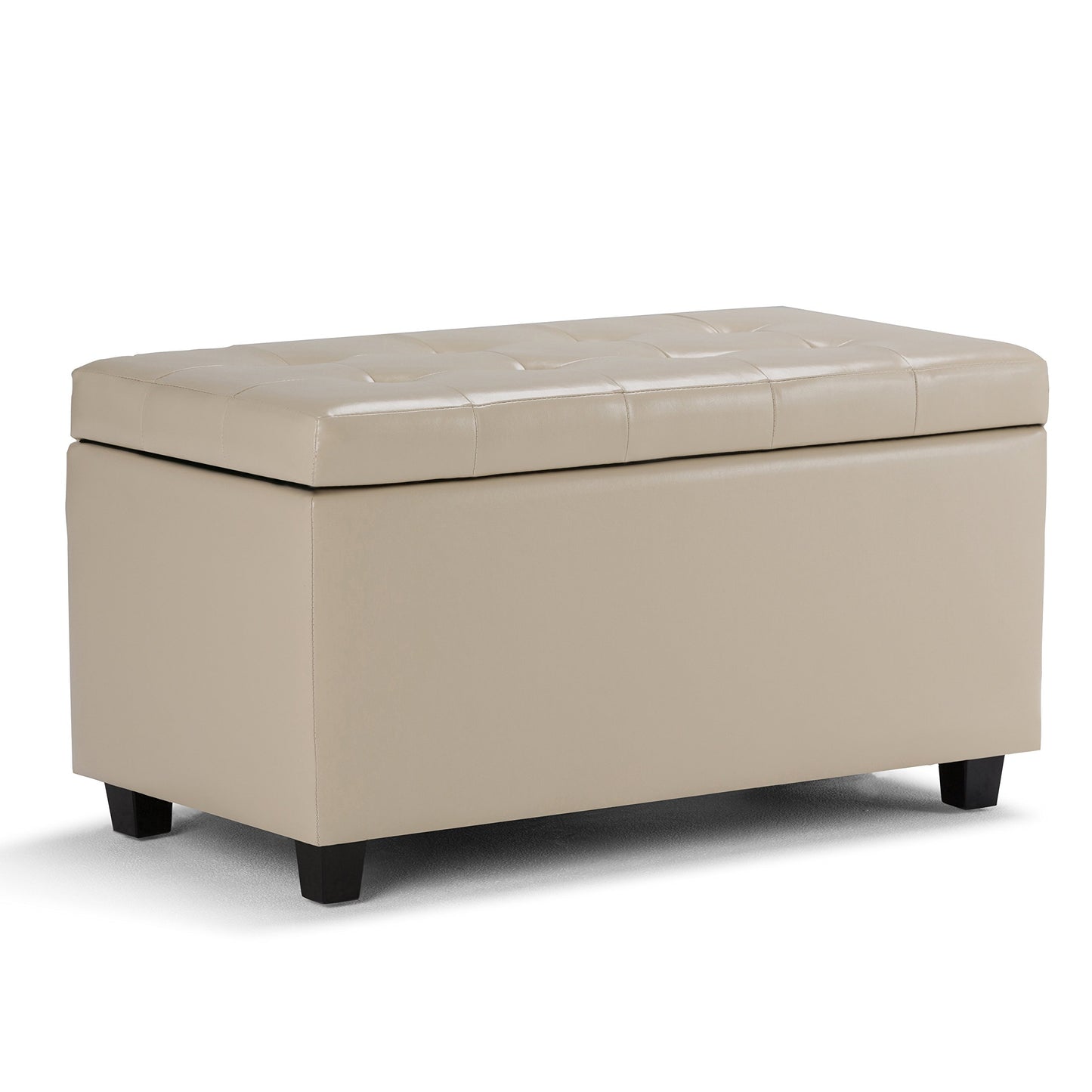 SIMPLIHOME Cosmopolitan Storage Ottoman - 34 inch Wide Upholstered Vegan Leather Rectangle Storage Ottoman Bench in Satin Cream, Transitional Tufted Ottoman for Living Room with Lift-Up Lid