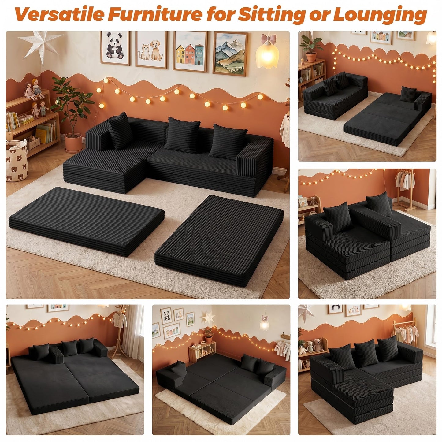 6-in-1 Boneless Couches Modular Sectional Sofa | Cloud Couch Sectional & Tri-Folding Mattress | Corduroy Pet-Friendly Convertible Sofa Bed with 800LB Capacity Living Room, Apartment, Guest Room