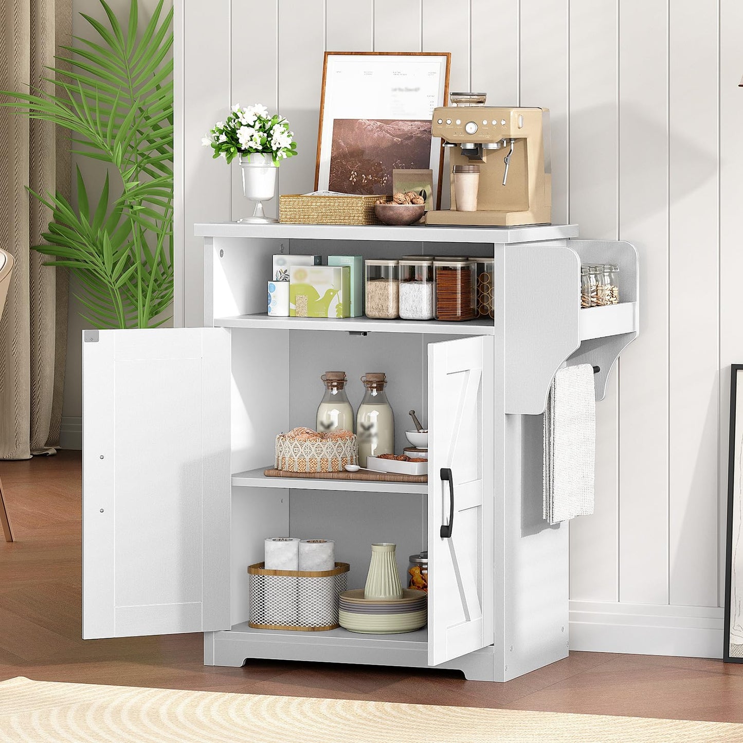 YATINEY Coffee Bar Cabinet, Kitchen Island with Storage, Farmhouse Sideboard Buffet Cabinet with Dual-Purpose Floating Shelf and Hooks, for Kitchen, Restaurant, Living Room, White KF22WT