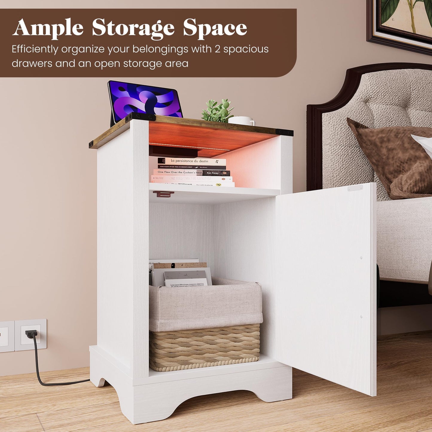 RoyalCraft Farmhouse Nightstand, End Table with LED Lights and Charging Station, Tall Bedside Table with Large Storage and Shelf, Wooden Side Table for Bedroom, Home Office, White and Rustic Oak