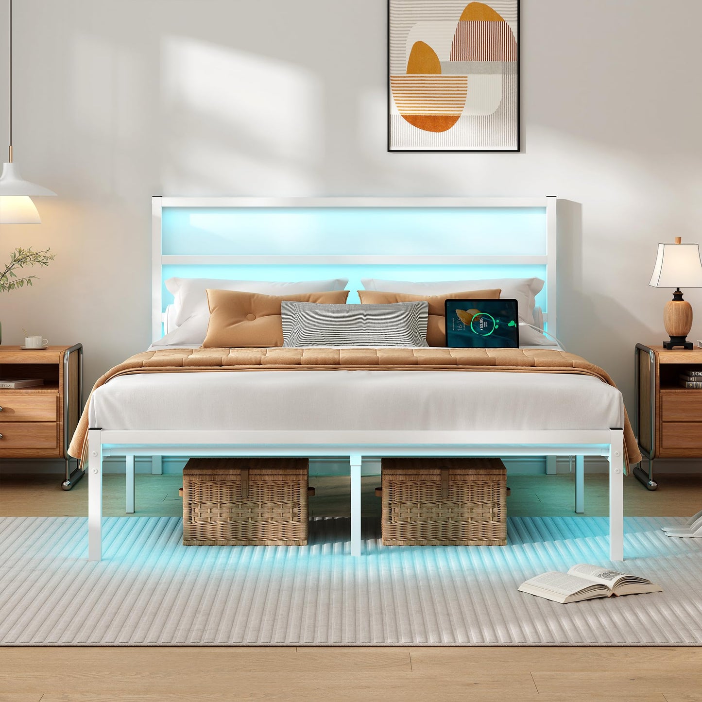 CLIBFENG Queen Size Bed Frame with Headboard,Heavy Duty Steel Slats Support-LED Bed Frame with USB Charging Station,Mattress Foundation-Under Bed Storage,No Box Spring Needed,Noise Free,White