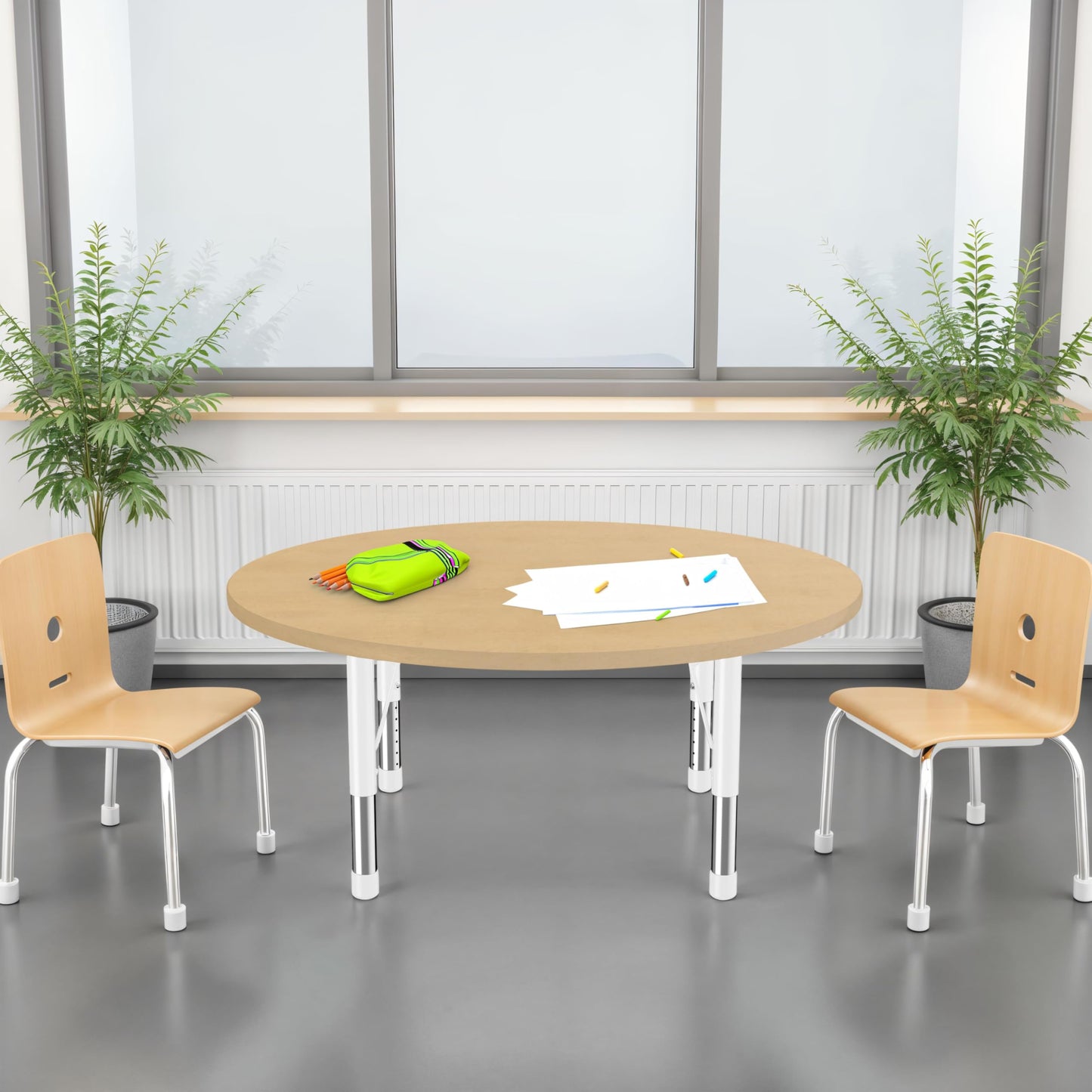 FDP Round Activity School and Classroom Table (48 inch) with Modern Woodgrain Laminate Top, Chunky Toddler Legs for Early Learning Environments, Adjustable Height 15-24 inches - Maple Grain/White