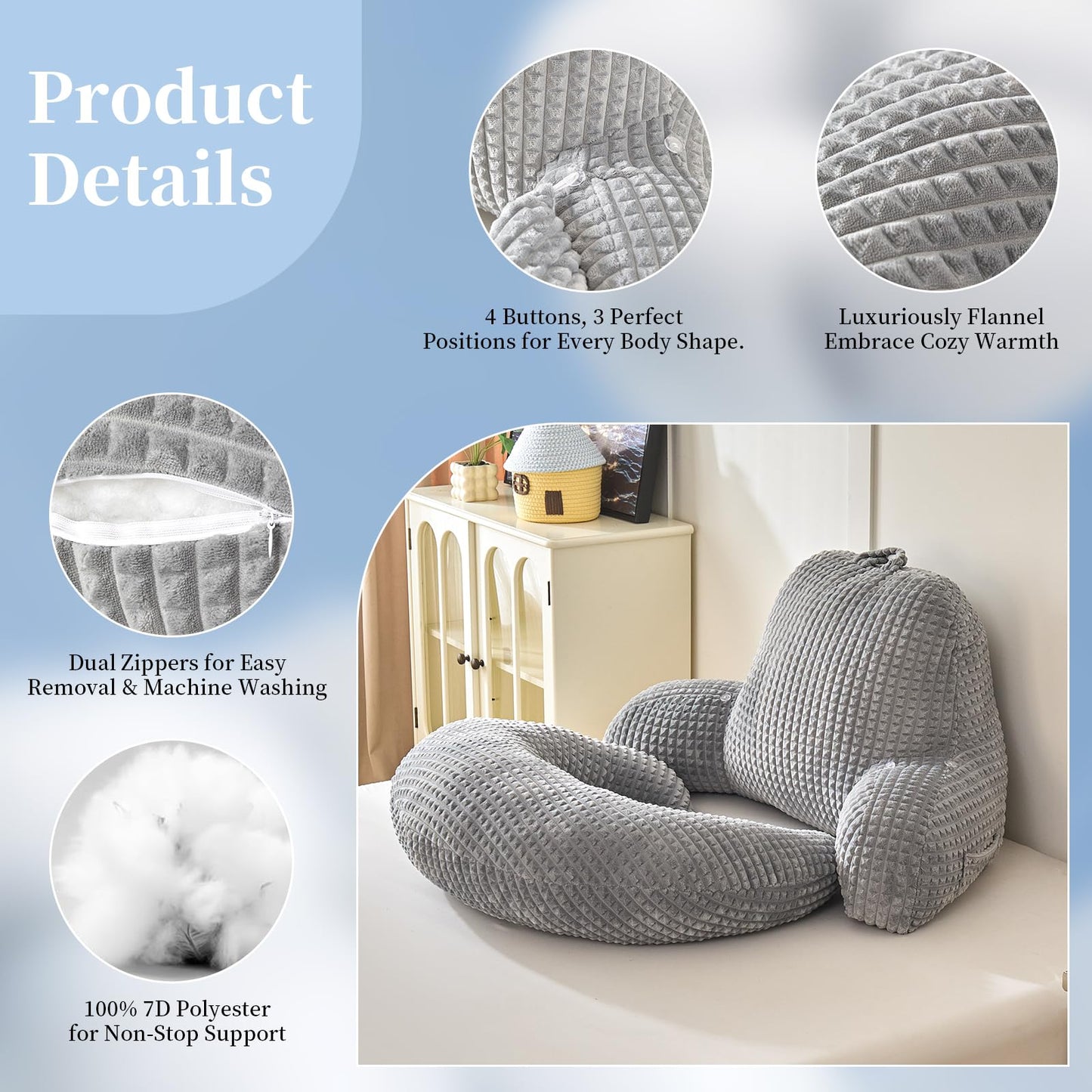 19" Reading Pillow for Bed,U Shaped Arm & Elbow Support,Gray Corduroy
