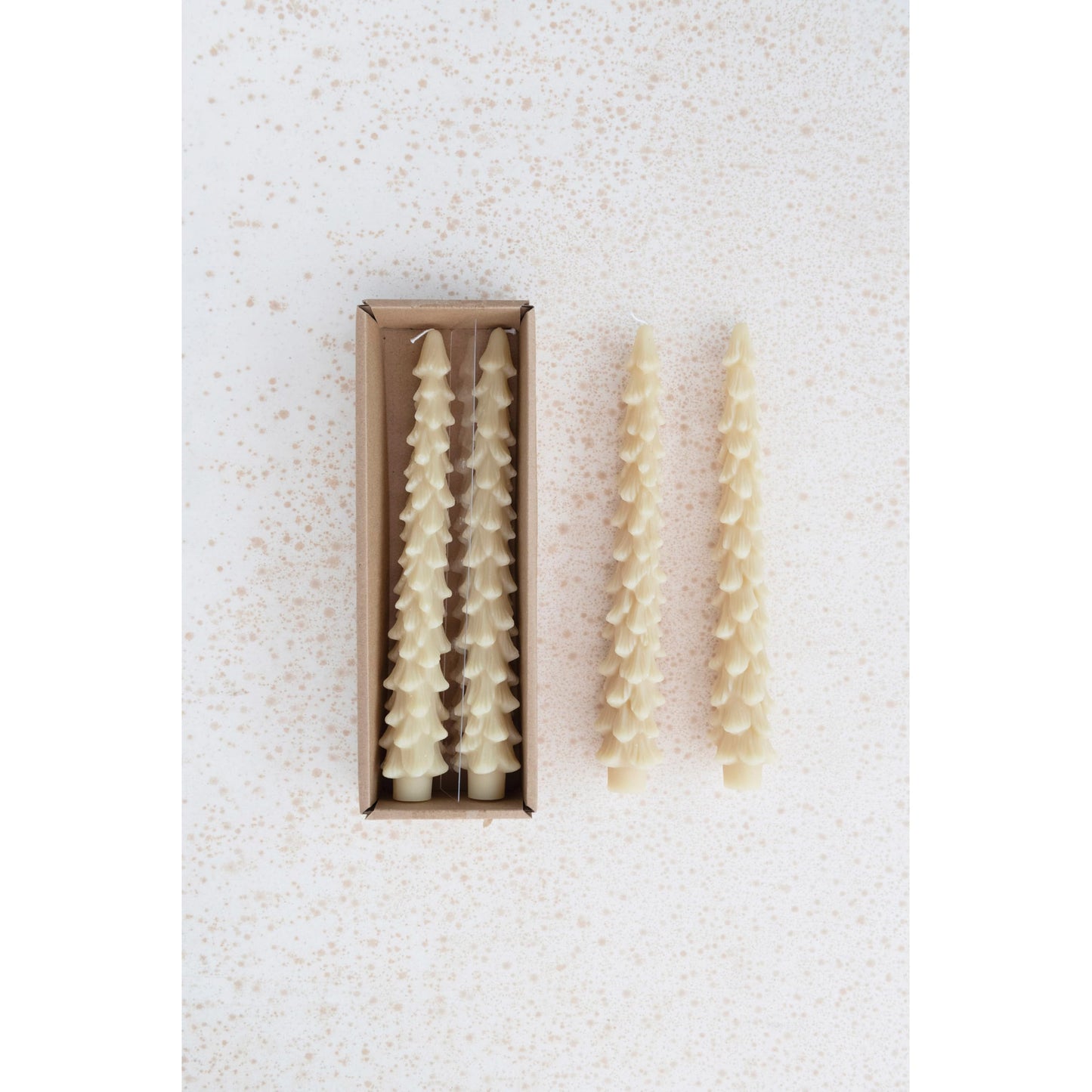 Creative Co-Op Unscented Tree Shaped Taper Candles, Eggnog Beige, Boxed Set Of 2