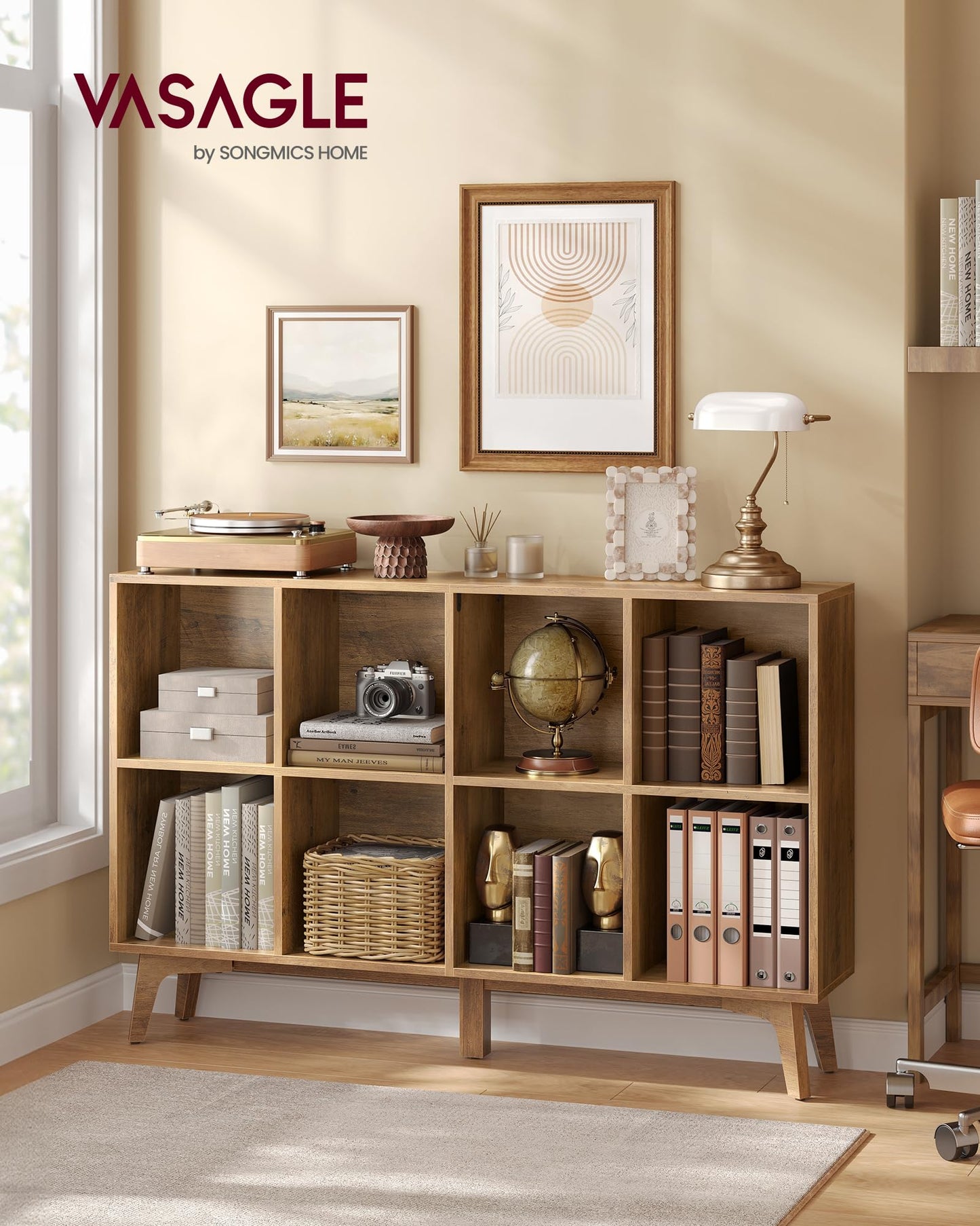 VASAGLE MAEZO Collection - Bookshelf, Bookcase, Cube Shelf with 8 Compartments, Storage Shelf, for Living Room, Home Office, Dining Room, 9.4 x 47.1 x 30.3 Inches, Honey Brown ULBC193KB01S