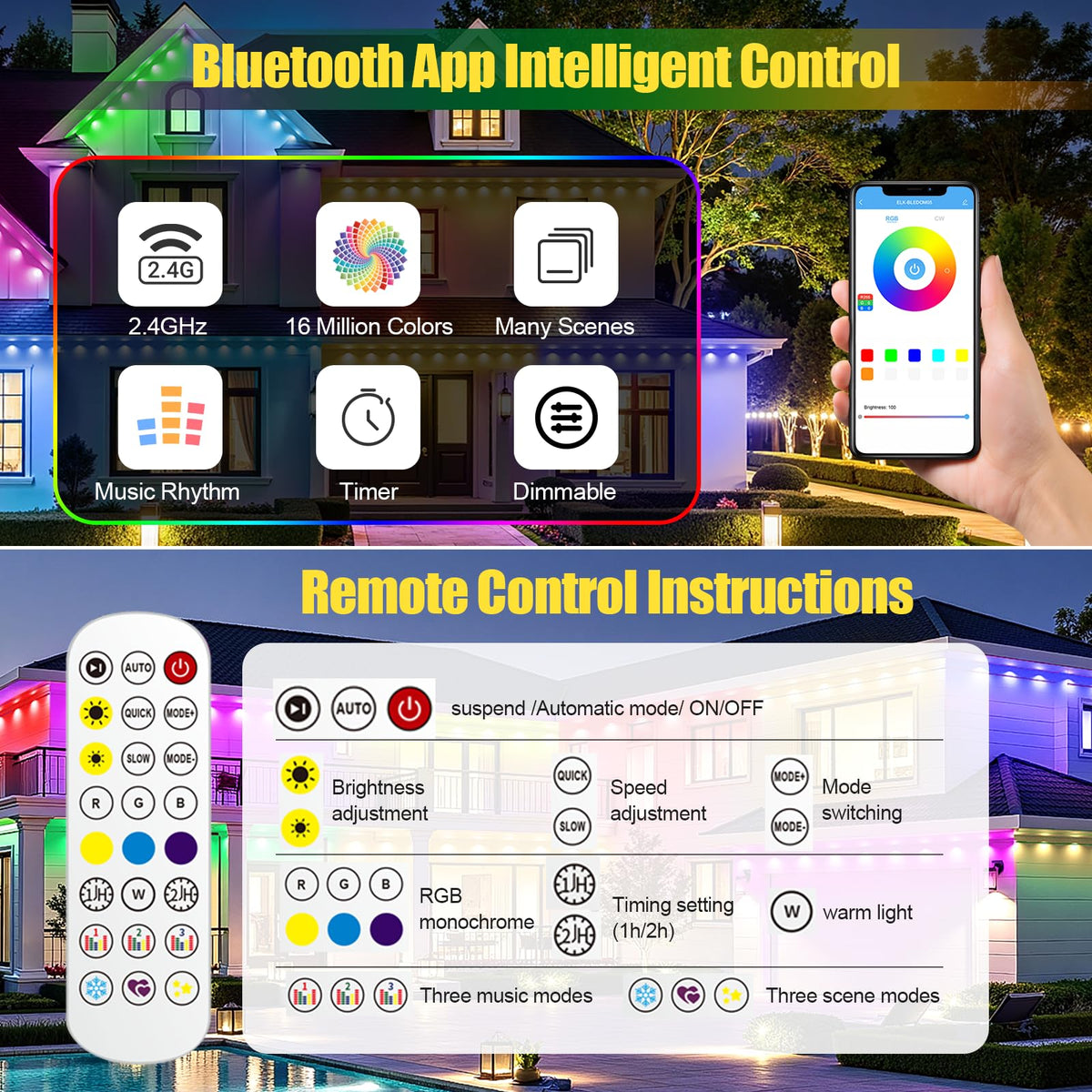 100ft Permanent Outdoor Lights, RGB+IC IP67 Waterproof Smart LED Lights with App/Remote for Daily, Christmas, New Year, Halloween, Holiday, Party Decor, Valentine's Day Christmas Lights Outdoor