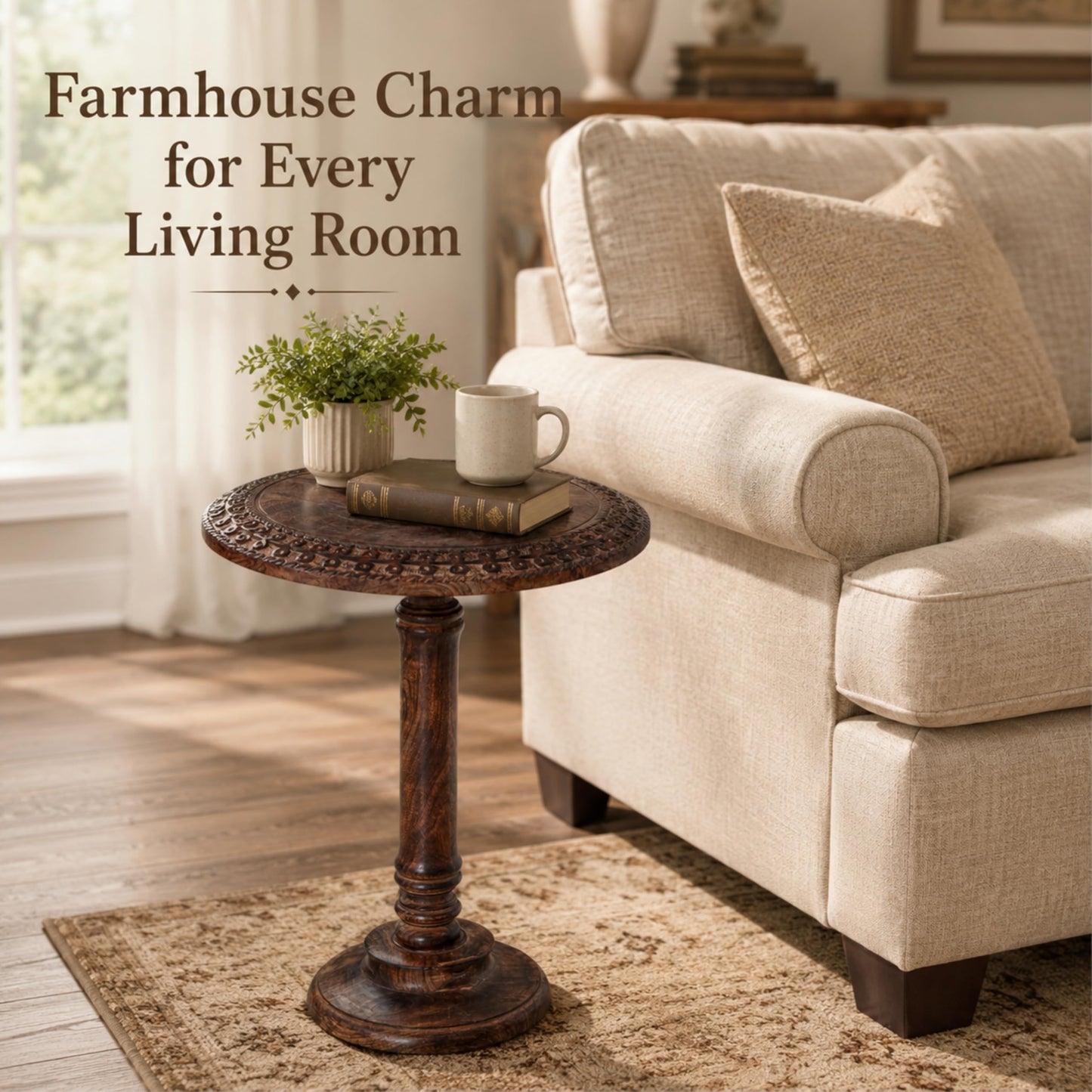 Farmhouse Side Tables for Living Room, Solid Wood End Tables Living Room, Small Round End Table, Rustic Coffee Table Accent, Wooden Side Table for Bedroom & Sofa Side, Burnt Finish