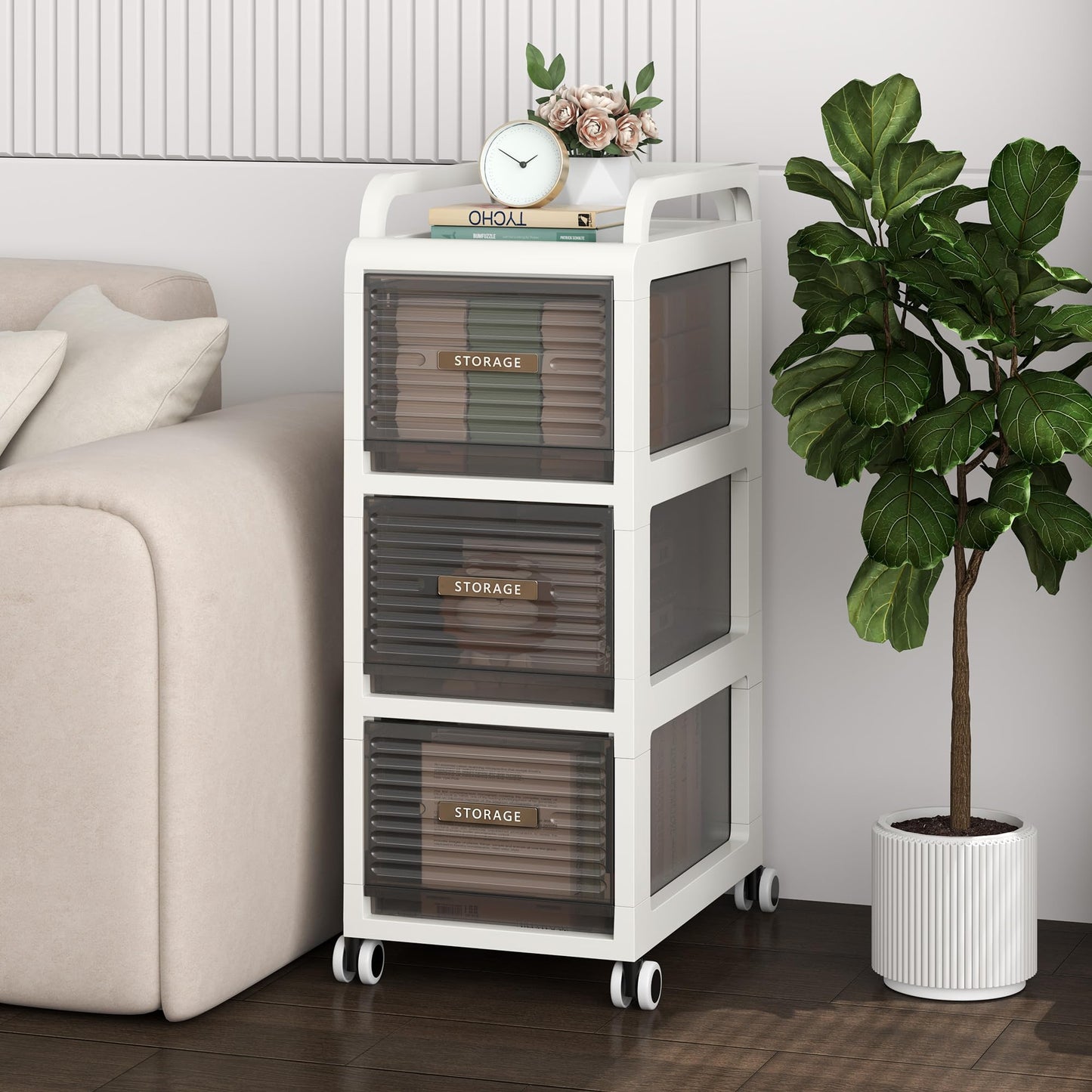 ZHYOCOGY Bathroom Storage with Drawers, 11.8" Wide Wide Slim Storage Cabinet with Wheels for Small Spaces, Narraw Cart for Kitchen Office Bedroom Dinning Room Under Desk, 29.7" Tall