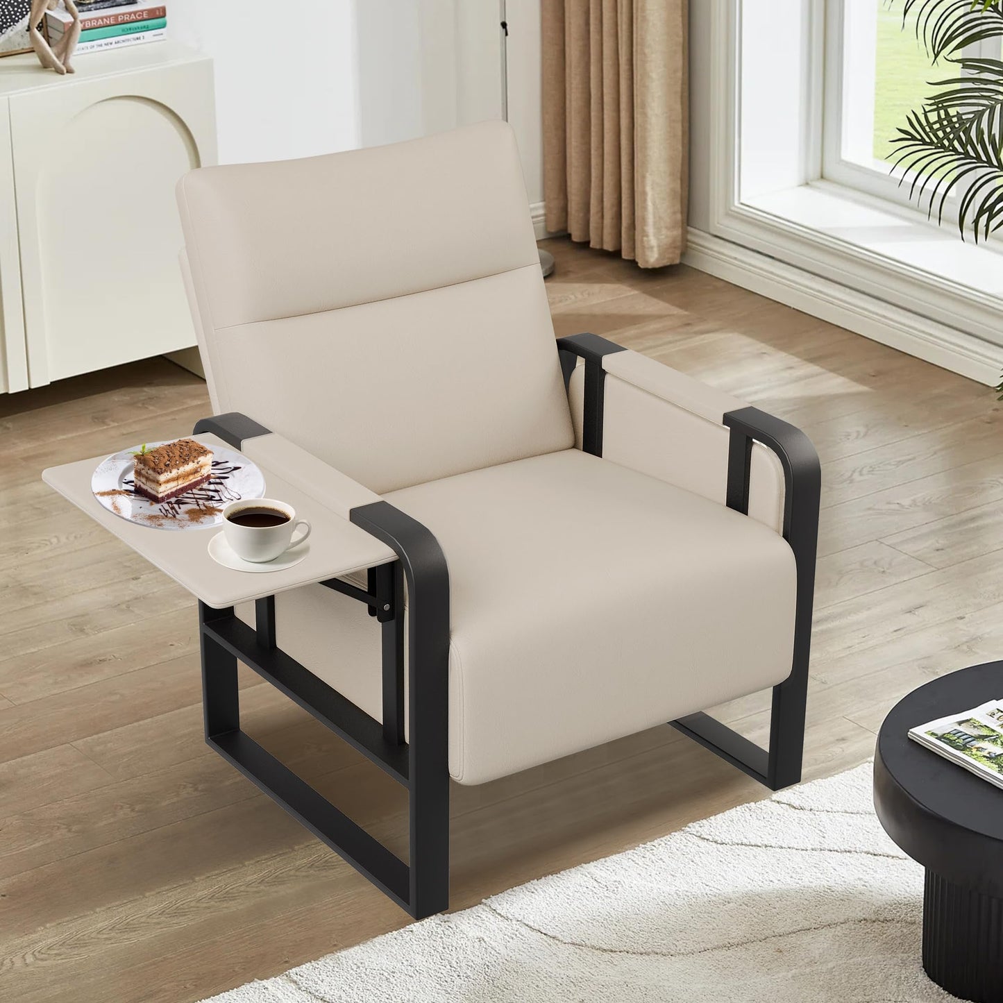 Apeaka Modern Accent Chair PU Leather Upholstered Armchair with Tray Table for Bedroom Living Room Chairs Office Chair Beige