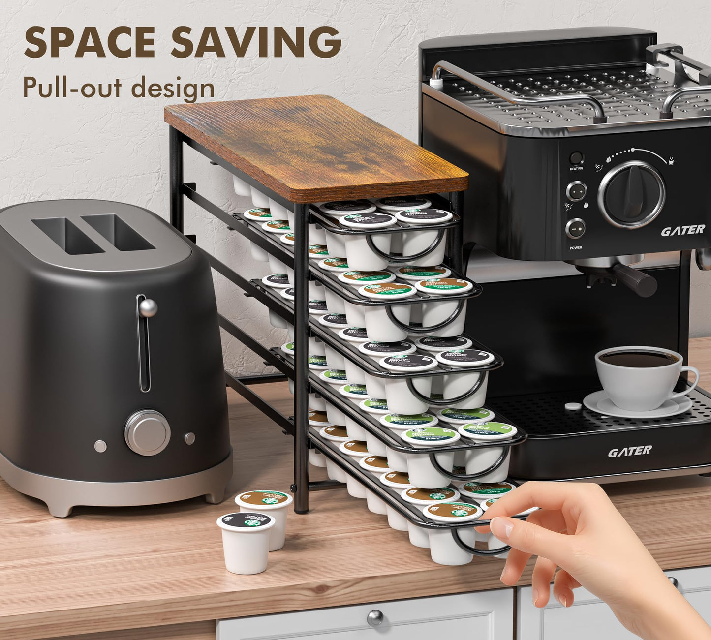 HFHOME Coffee Pod Holder with Wooden Top, Compatible with K-Cups, 5-Tier Coffee Capsule Storage Drawer, 70 Capacity Pods Organizer with 3 Mug Holders, for Home, Office, Kitchen Counter, Black
