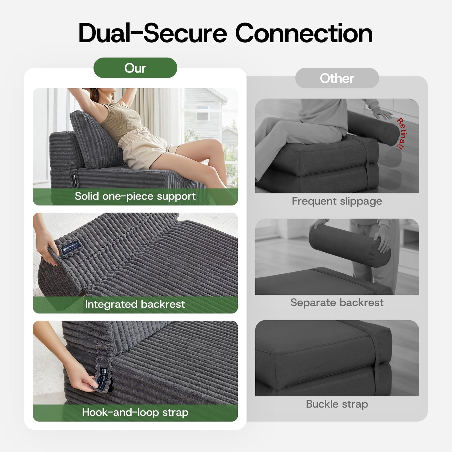 MEGAYES Convertible 4-in-1 Folding Sofa Bed Boneless Sleeper Chair Couch Foldable Chaise Lounger & Mattress Pocket Coils+Foam Medium Support, Portable No Assembly for Living Room/Bedroom, Single XL