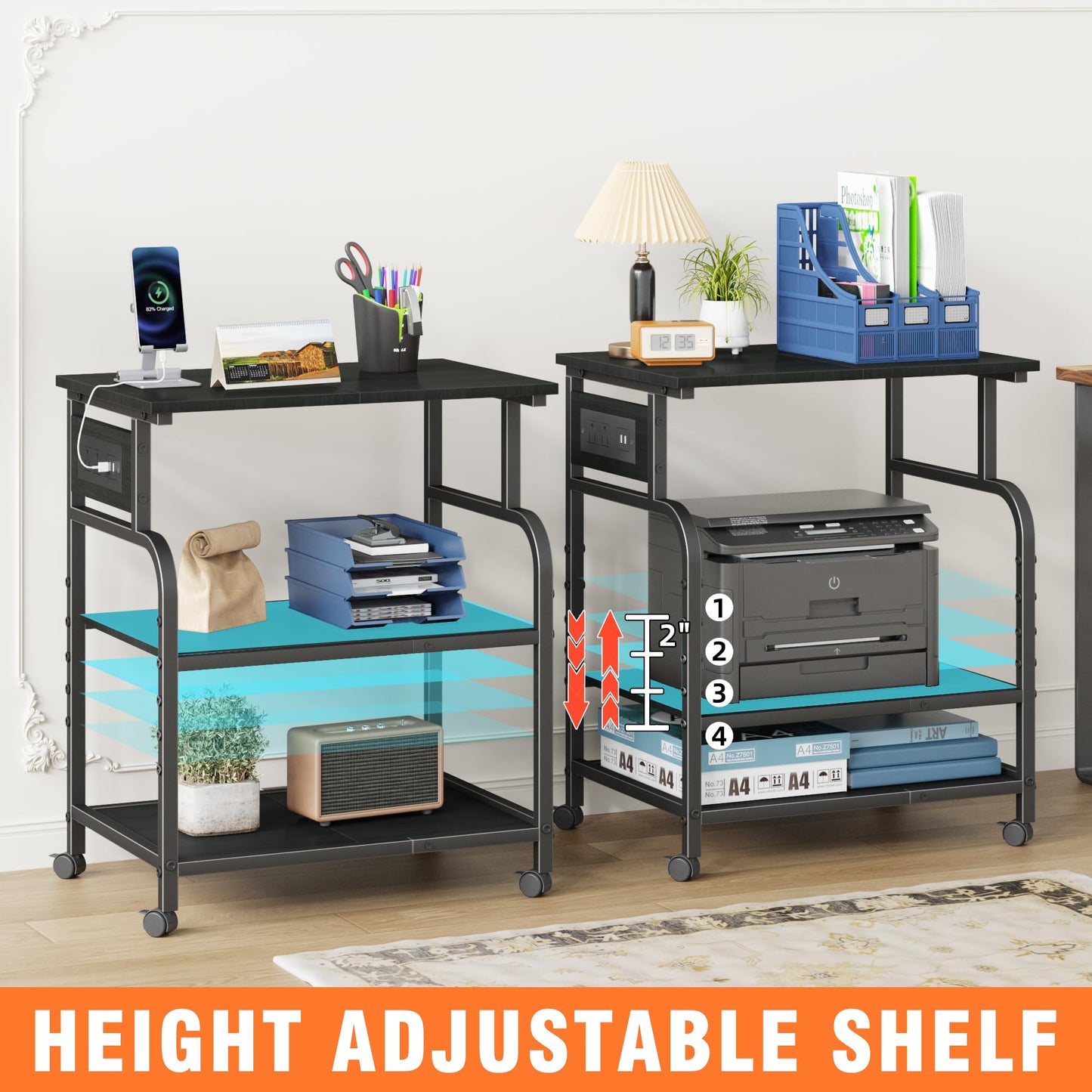 YAOHUOO 3 Tier Large Printer Stand with Power Outlet/Adjustable Storage Shelf, Rolling Cart with Wheels, Printer Table for Home Office 3D Printer/Heat Press/Laser, 22"×15" Black