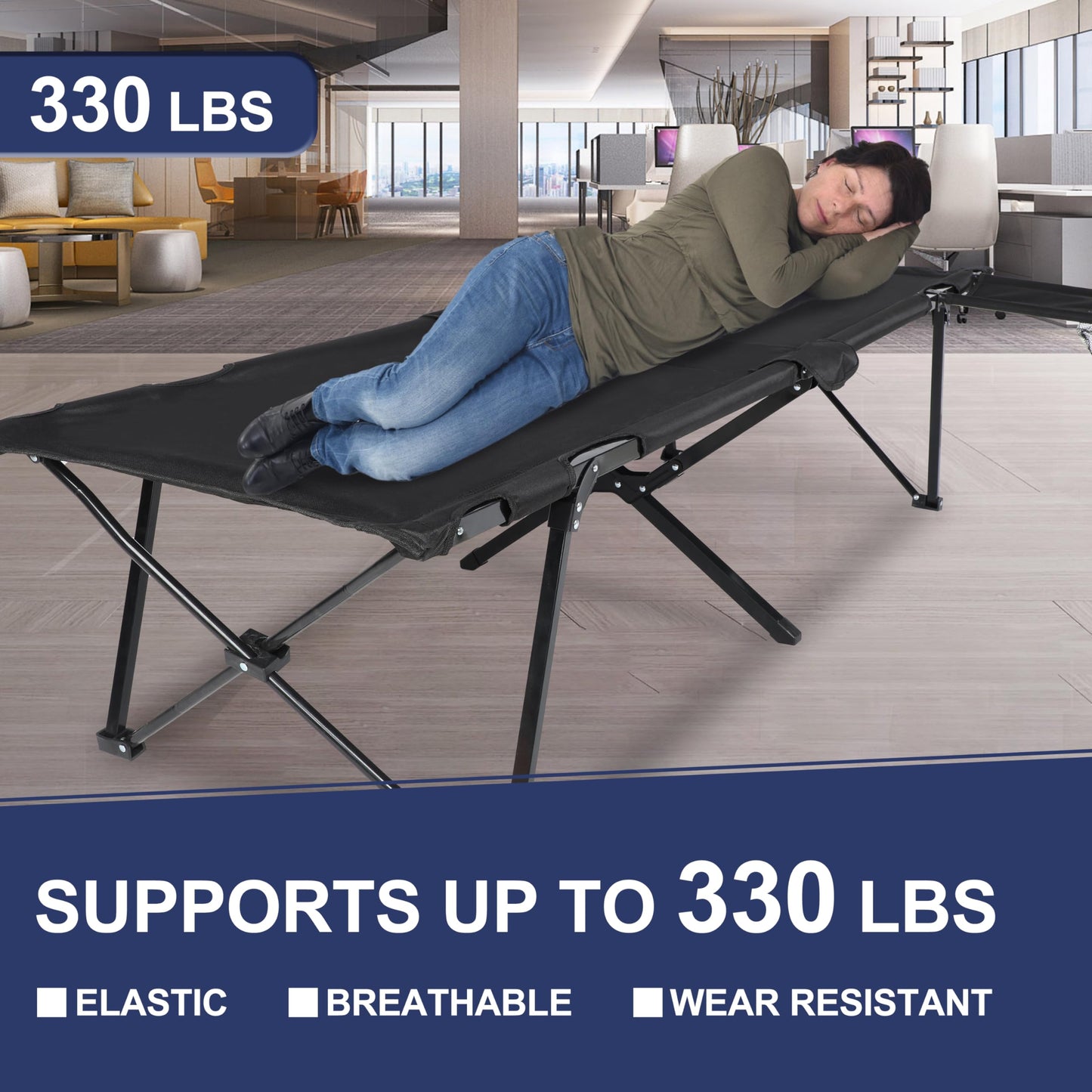 YSSOA Folding Camping Cot with Table for Adults, Portable and Lightweight Sleeping Bed for Outdoor Traveling, Hiking, Easy to Set up, Black