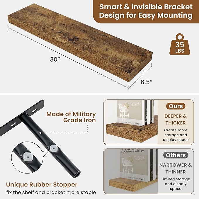 fuqing Floating Shelves for Wall, Wall Mounted Wood Floating Shelf