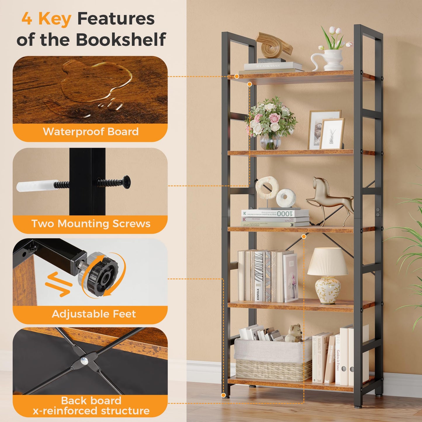 DUMOS 5-Tier Bookshelf, Modern Tall Bookcase, Open Storage Display Shelf for Living Room, Bedroom, Home Office, Narrow Standing Shelving Unit for Books, CDs, Décor，Rustic Brown