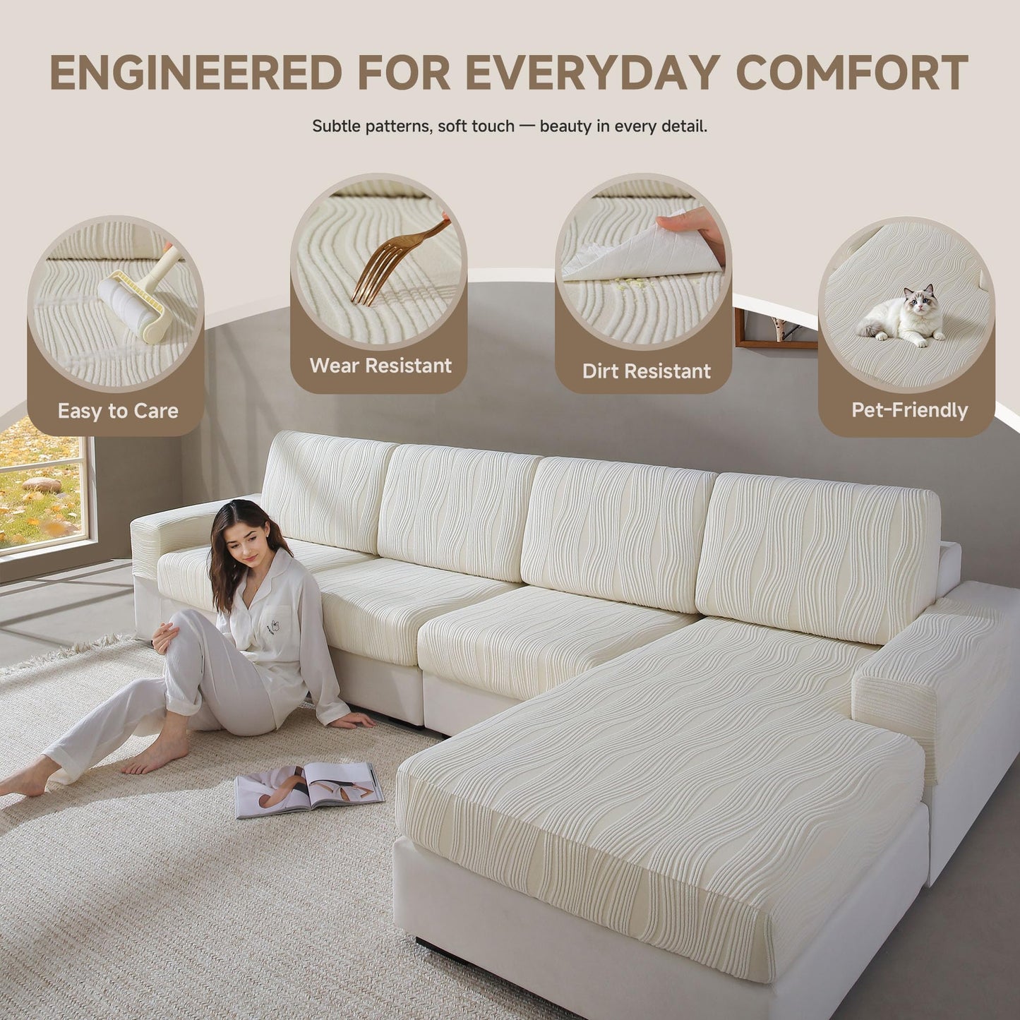 QIANMEW Couch Cushion Covers, Super Stretch Washable Sofa Slipcovers for L Shaped & Modular Seats, Pet-Friendly Furniture Protector with Stripe Design, (1 Seat Cover XL, Ivory)