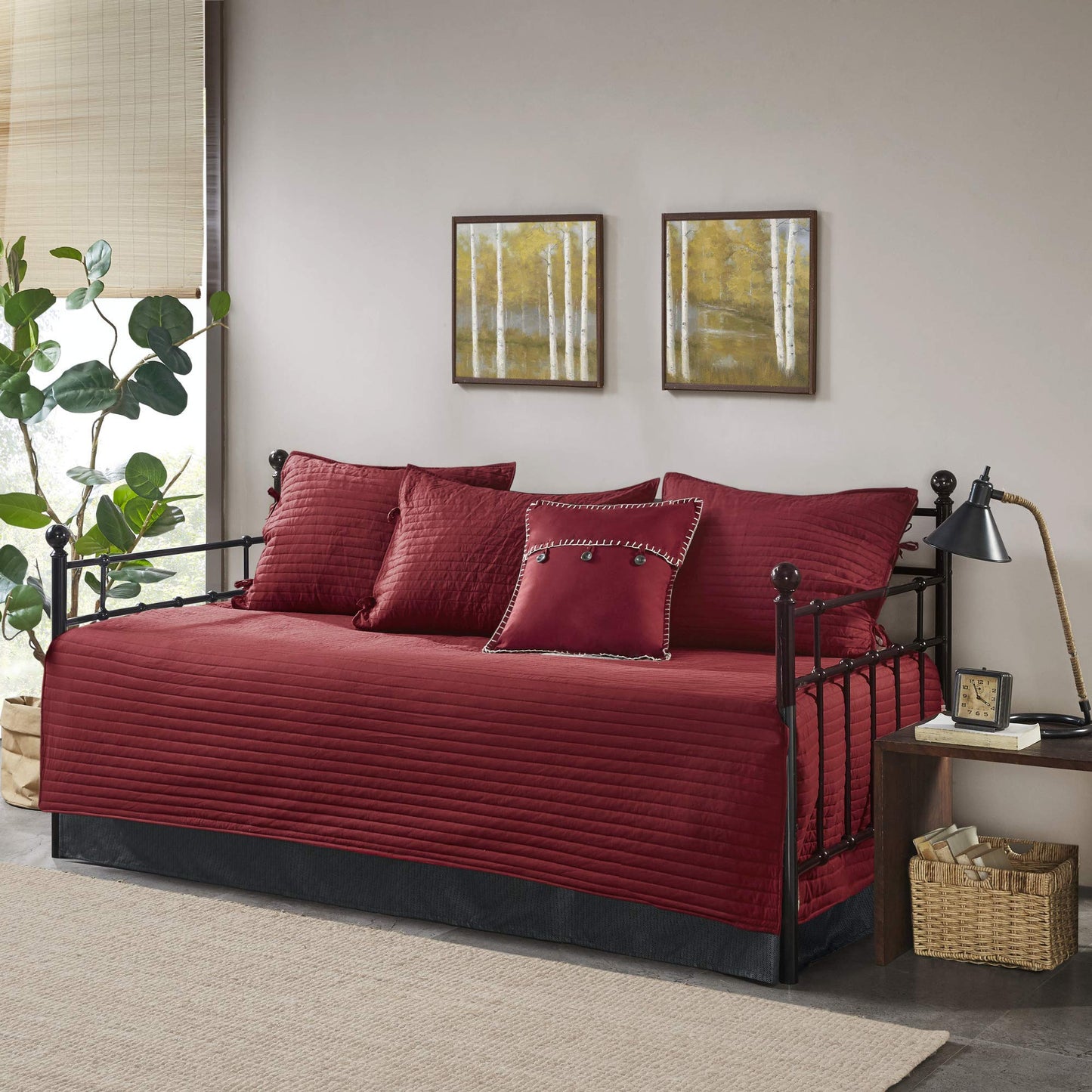 Madison Park Daybed Cover Double Sided Quilting Casual Design All Season Bedding Set with Bedskirt, Matching Shams, Decorative Pillow, 75 in x 39 in, Ridge, Plaid Red