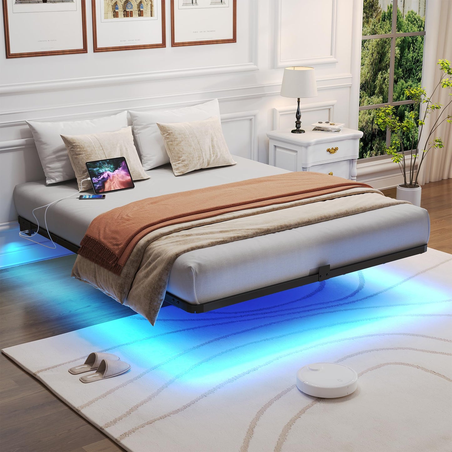 FSJianYi Floating Bed Frame with LED Lights and Charging Station - Modern Metal Platform Bed Frame - Noise Free No Box Spring Needed and Easy Assembly (Full)