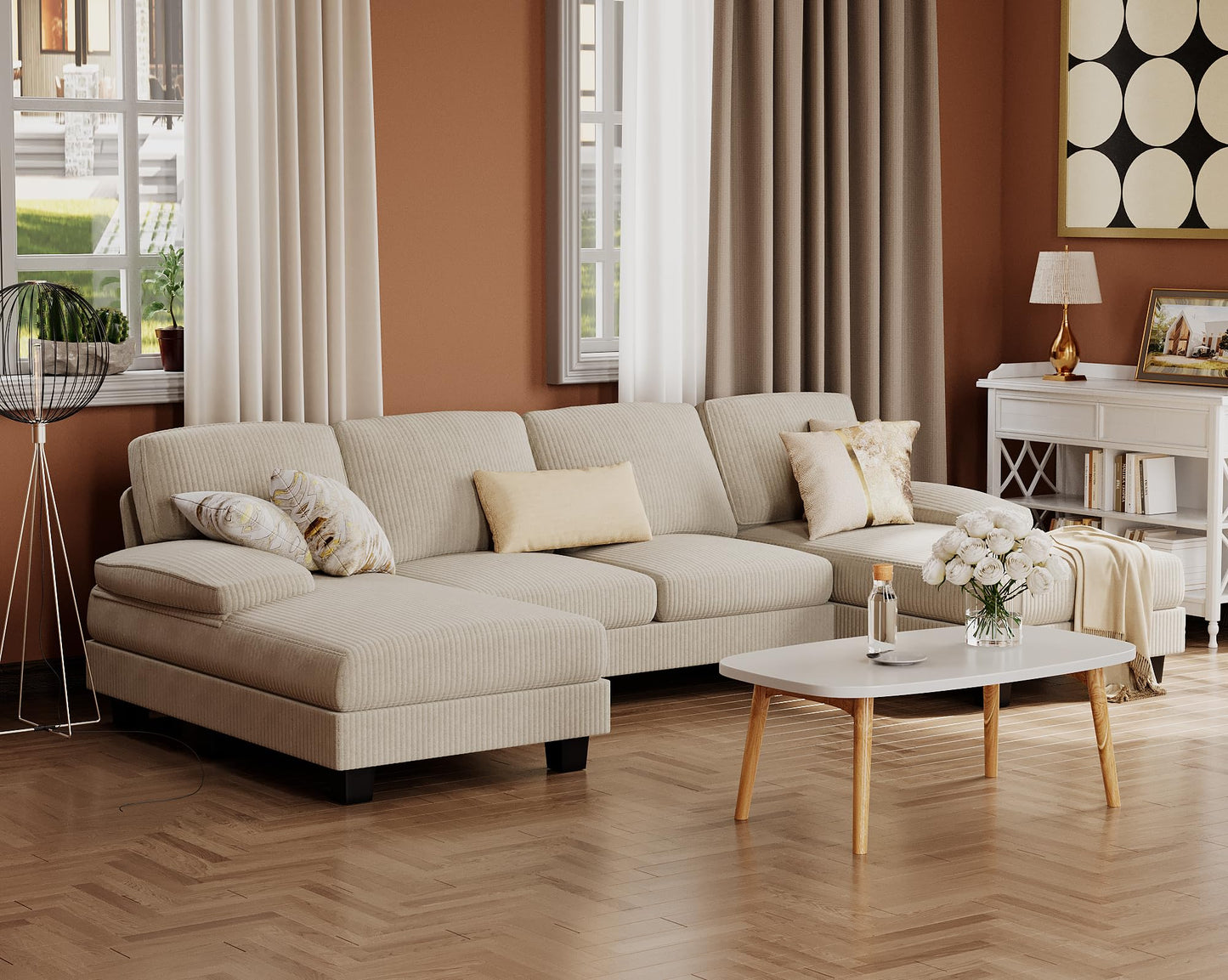 Furmax Sectional Couches for Living Room, U-Shaped Sofa Couch with Linen Fabric, 4 Seat Sofa Set with Double Chaise for Apartment (Corduroy, Beige)