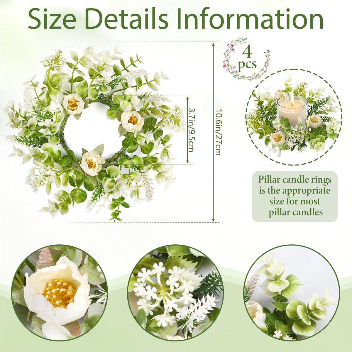 KHOYIME Floral Candle Rings Wreath 4PCS Small Spring Summer White Artificial Flowers Greenery Wreaths for Pillars, Mini Candle Holder Kitchen Cabinets Table Centerpieces Wedding Party Farmhouse Decor